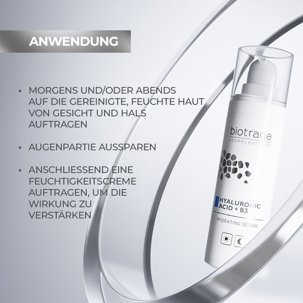 Weißes Serum mit Pumpe. Text: Hyaluronsäure + B3, Hydrating Serum. Enthält Informationen zur Anwendung des Produkts.