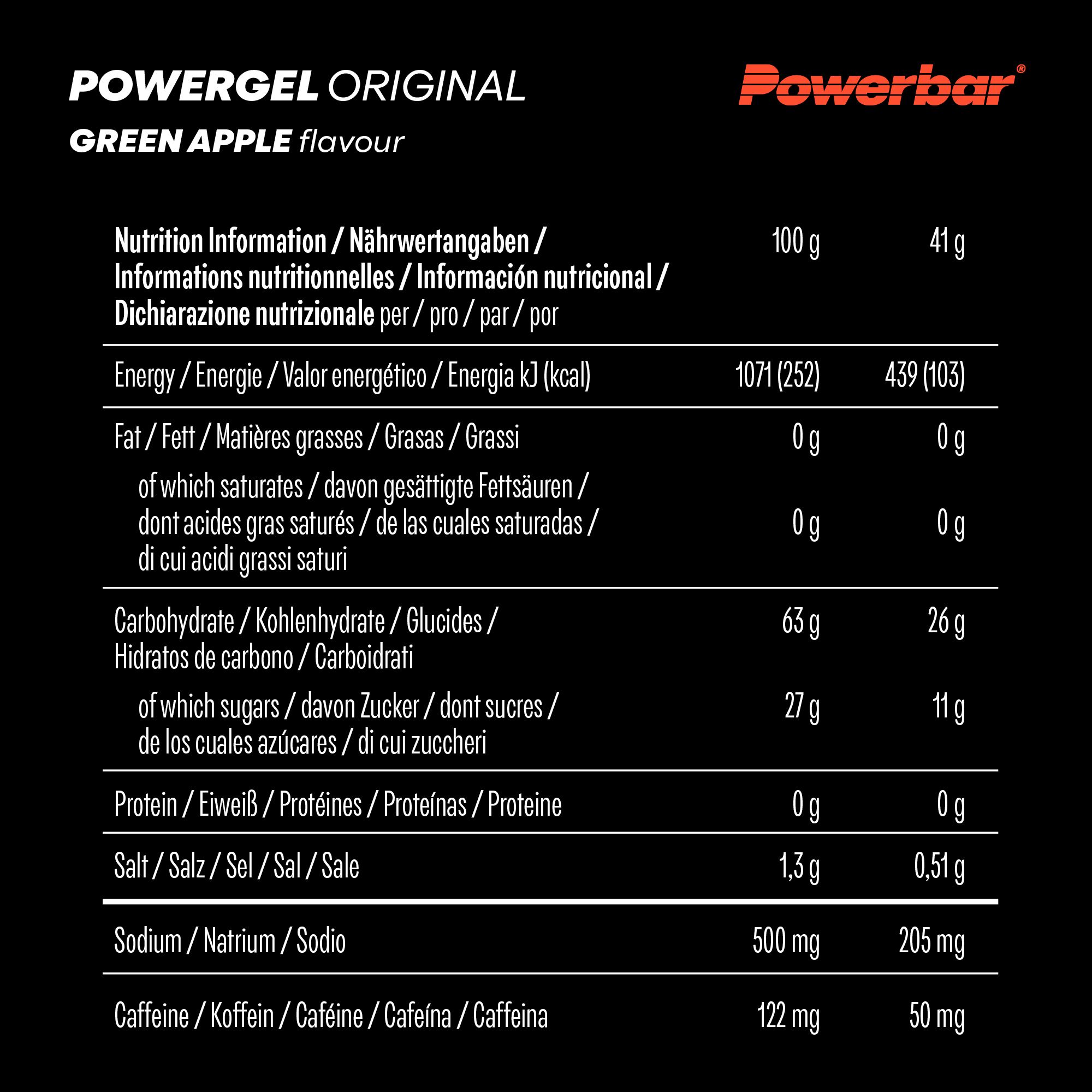 Nährwerttabelle für PowerBar PowerGel Original. Angaben zu Energie, Fett, Kohlenhydraten, Protein, Salz und Koffein.