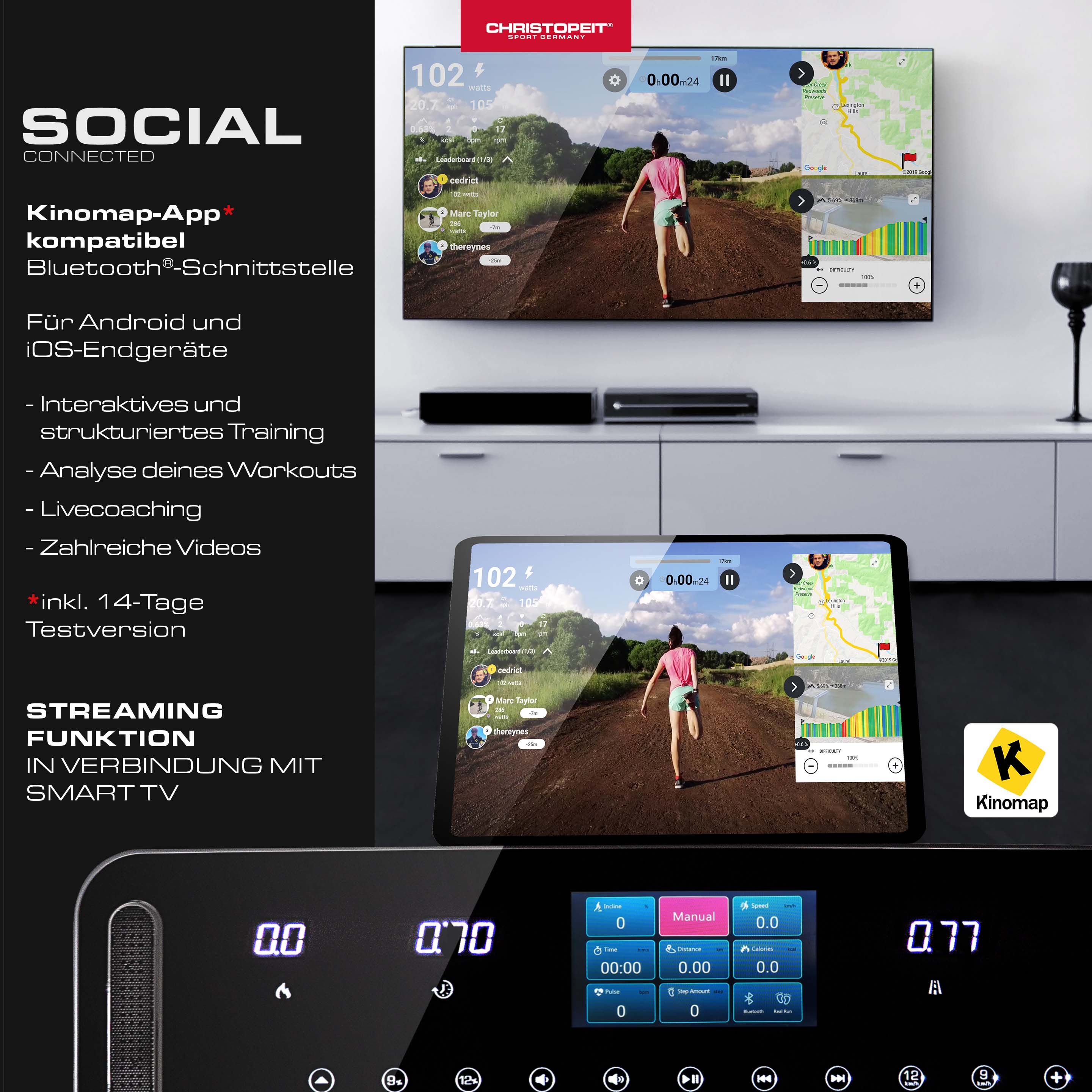Laufband-Konsole mit Display. Tablet und Fernseher zeigen Trainingsvideos. Text: Kinomap-App kompatibel.