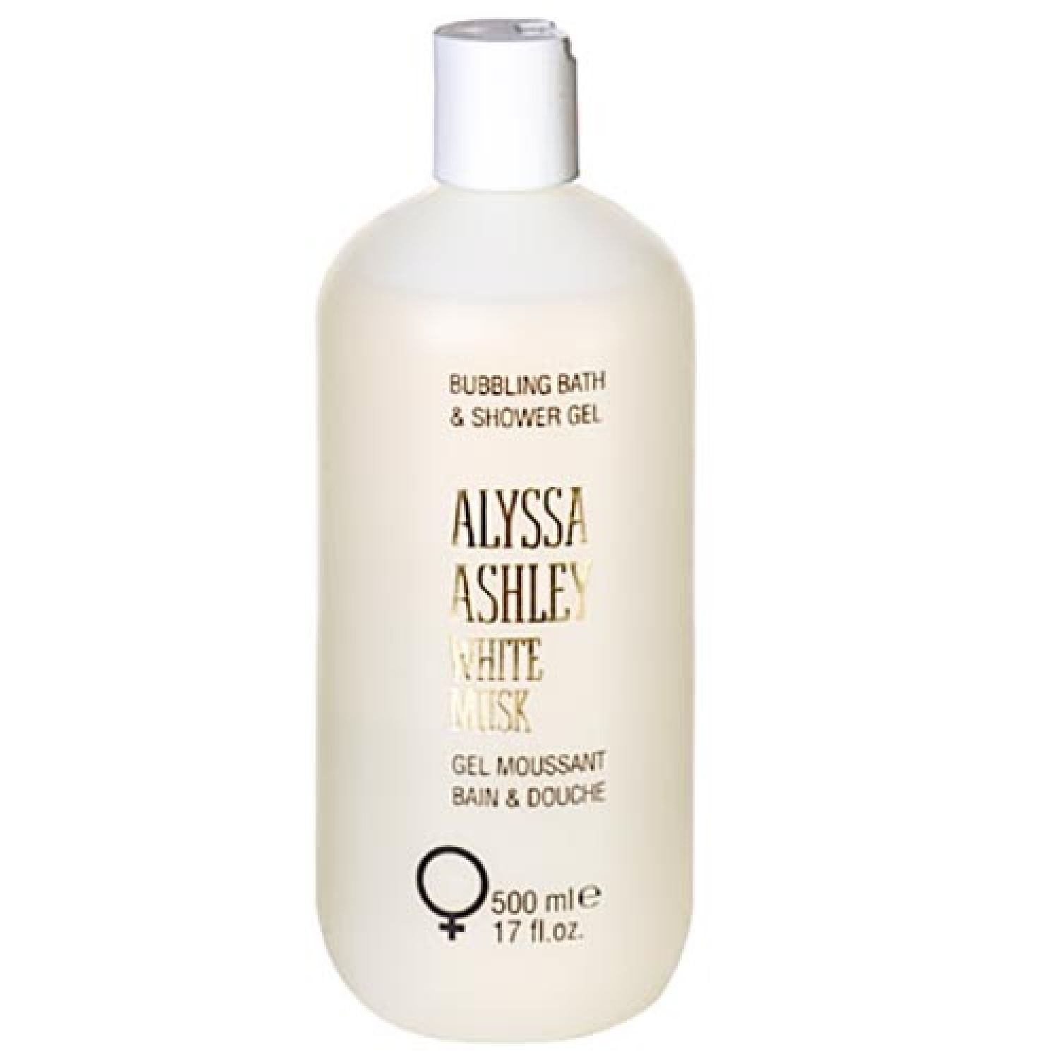 Weiße Flasche mit Aufschrift Alyssa Ashley White Musk Duschgel. Mit weißem Deckel und goldfarbenem Schriftzug.