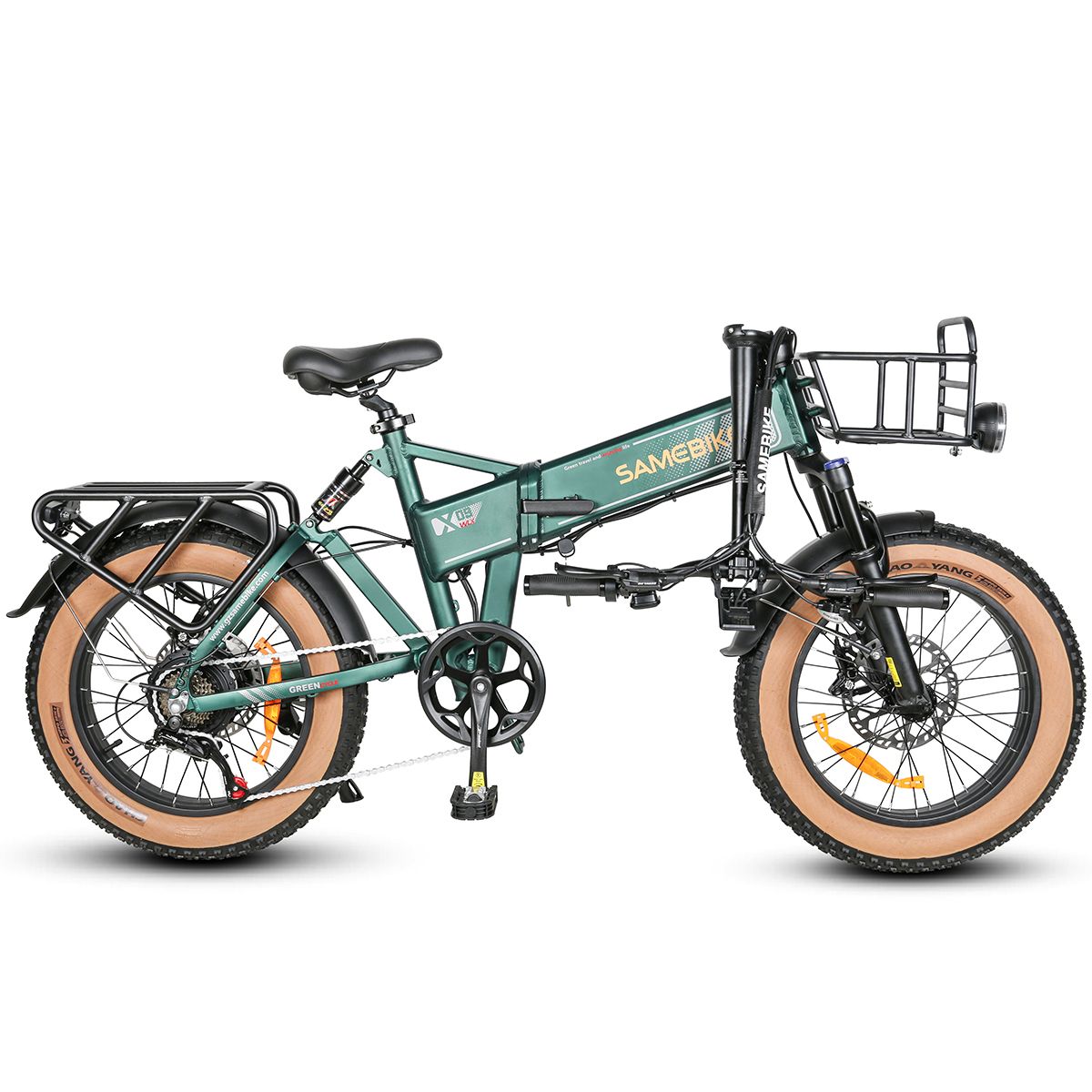 Gefaltetes grünes SAMEBIKE XWLX09-II E-Bike. Korb, Gepäckträger und breite Reifen sichtbar. Schwarze Details.