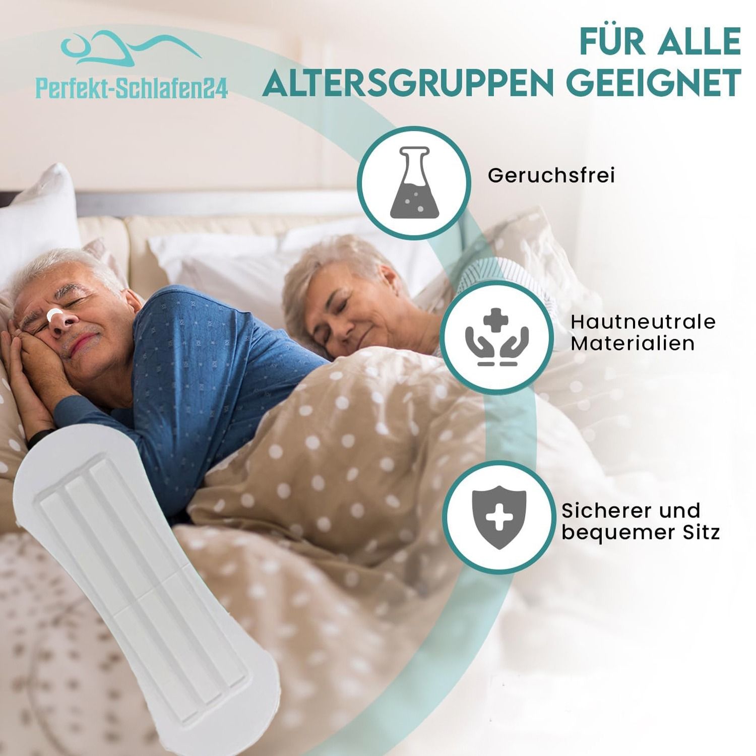 Älteres Paar schläft mit Nasenpflastern. Text: Für alle Altersgruppen geeignet. Symbole: Geruchsfrei, hautfreundliche Materialien, sicherer Sitz.