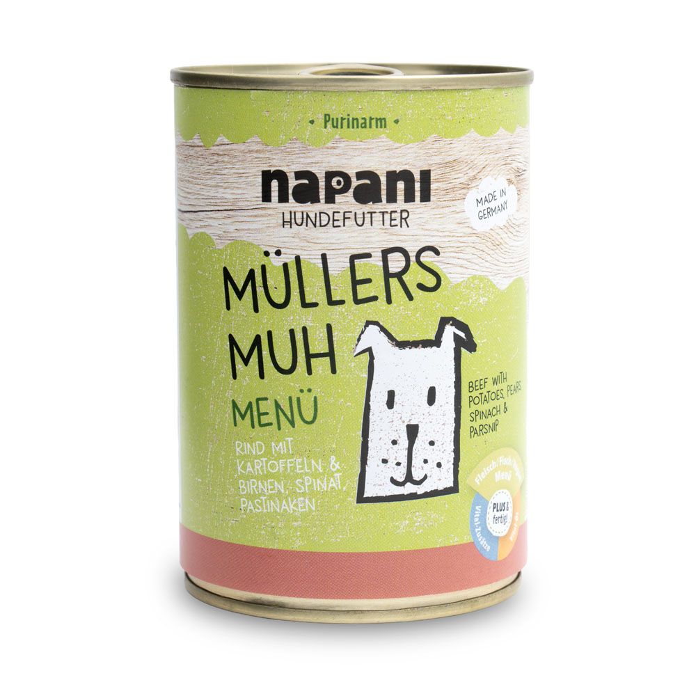 Napani Bio Menü Müllers Muh Hundefutter Dose mit Rindfleisch, Kartoffeln und Spinat.