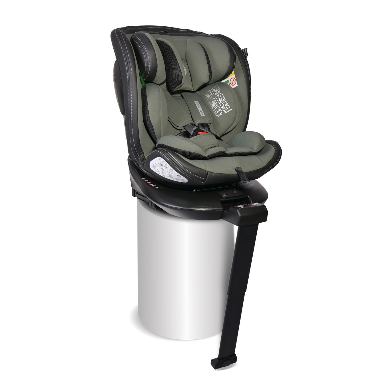 Kindersitz in Grau mit Kopfstütze und Gurten.