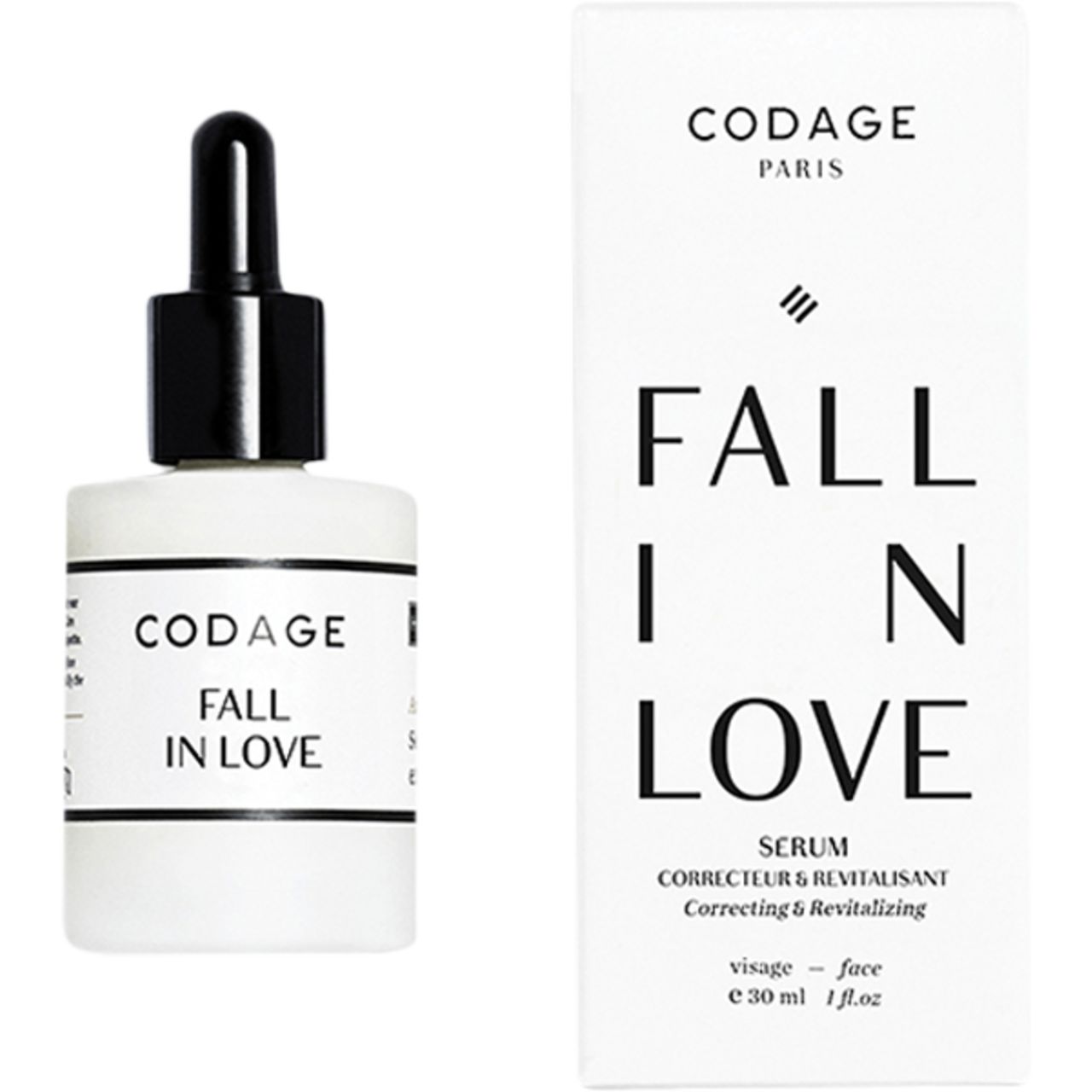 Codage Fall In Love Sérum-Flasche mit schwarzem Tropfer und weißer Verpackung. Aufschrift: Codage, Fall In Love, Serum.