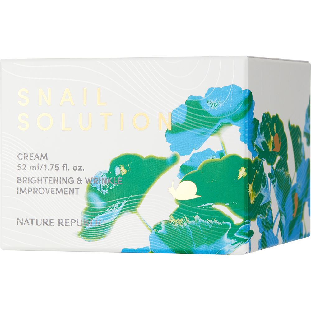 Weißer Karton mit floralem Design. Aufschrift: Snail Solution Cream, Nature Republic. Volumen: 52 ml.