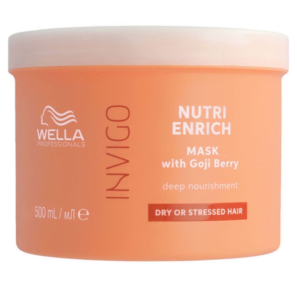 Orangefarbene Dose mit weißem Deckel. Aufschrift: Wella Invigo Nutri Enrich Mask mit Goji Berry. Für trockenes oder strapaziertes Haar.