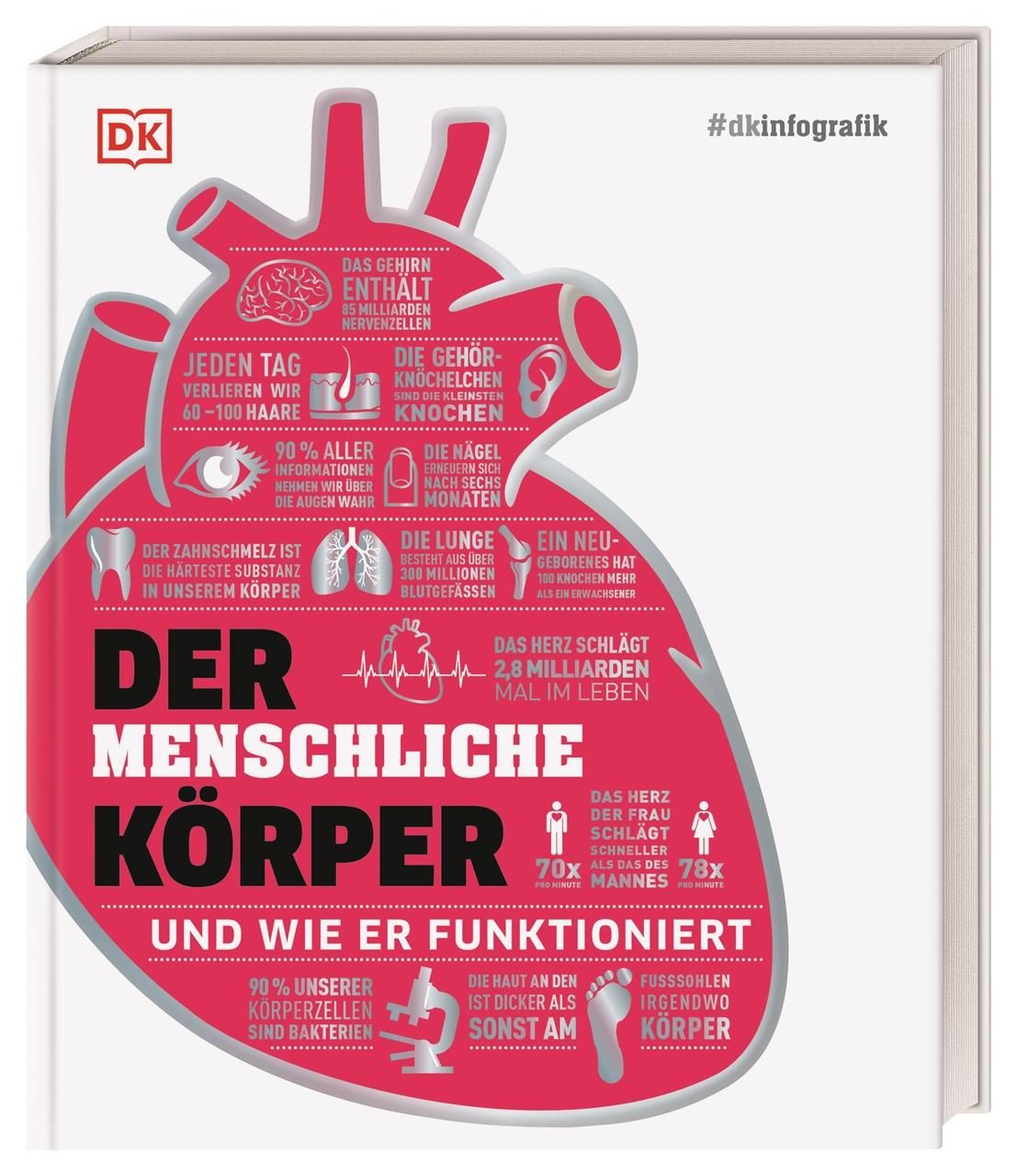 Buchcover: "Der menschliche Körper" mit Herz-Illustration. Titel und Infografiken. DK-Logo. #dkinfografik.