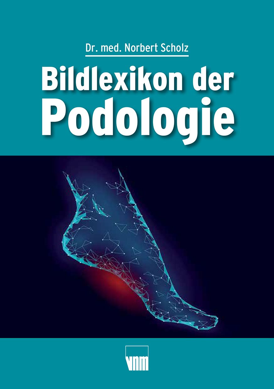 Buchcover: "Bildlexikon der Podologie" von Dr. med. Norbert Scholz. Darstellung eines Fußes mit Netzwerk-Grafik auf blauem Hintergrund.