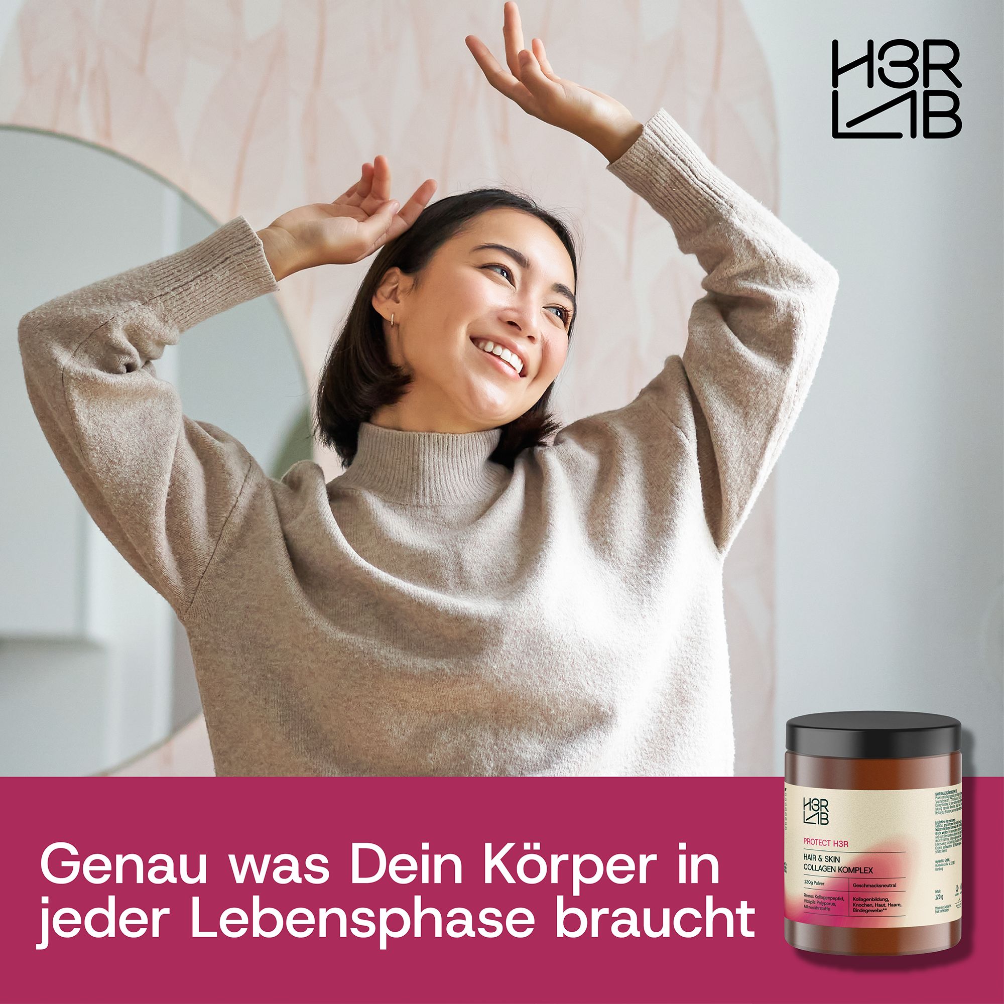 Braune Dose mit schwarzem Deckel. Aufschrift: H3R LAB Hair & Skin Kollagen Komplex. Frau vor Spiegel.