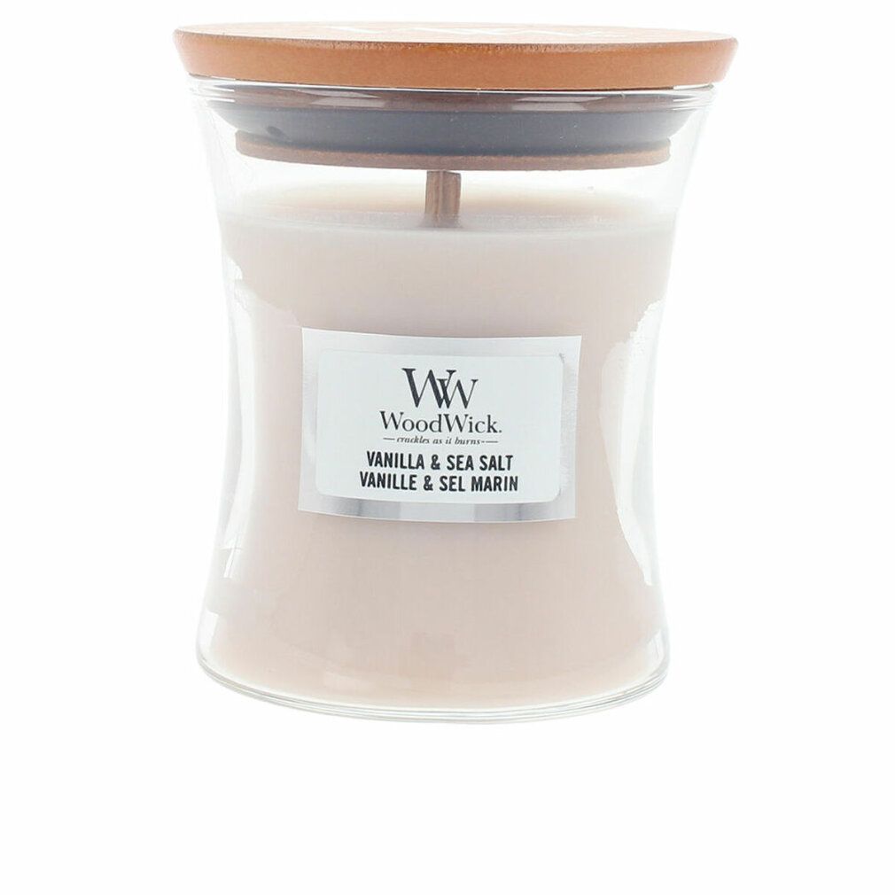 Kerze in Sanduhrform mit Deckel. Aufkleber mit "Vanilla & Sea Salt".
