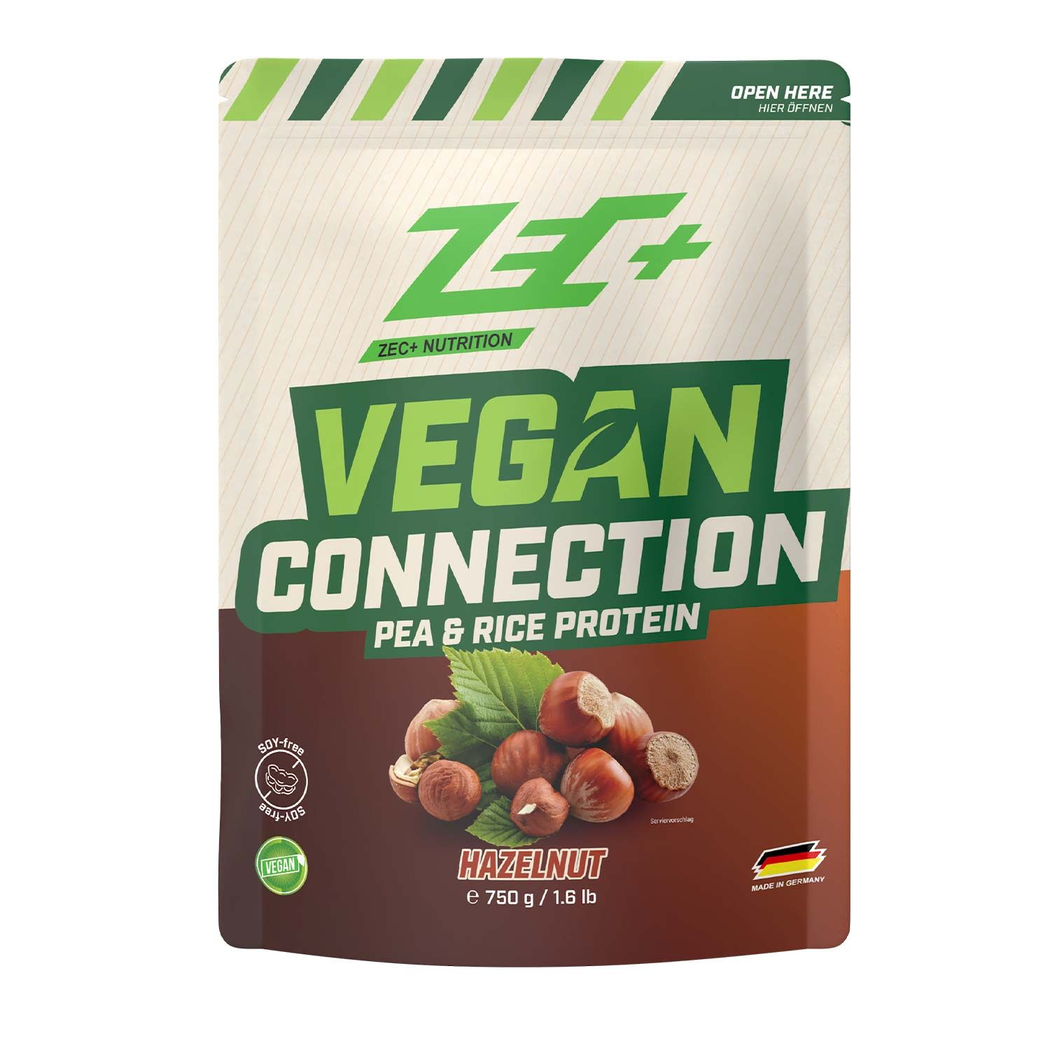 Zec+ Vegan Connection Haselnuss, Beutel. Grün-weißes Design, Illustration von Haselnüssen. Text: Pea & Rice Protein, Siegel.