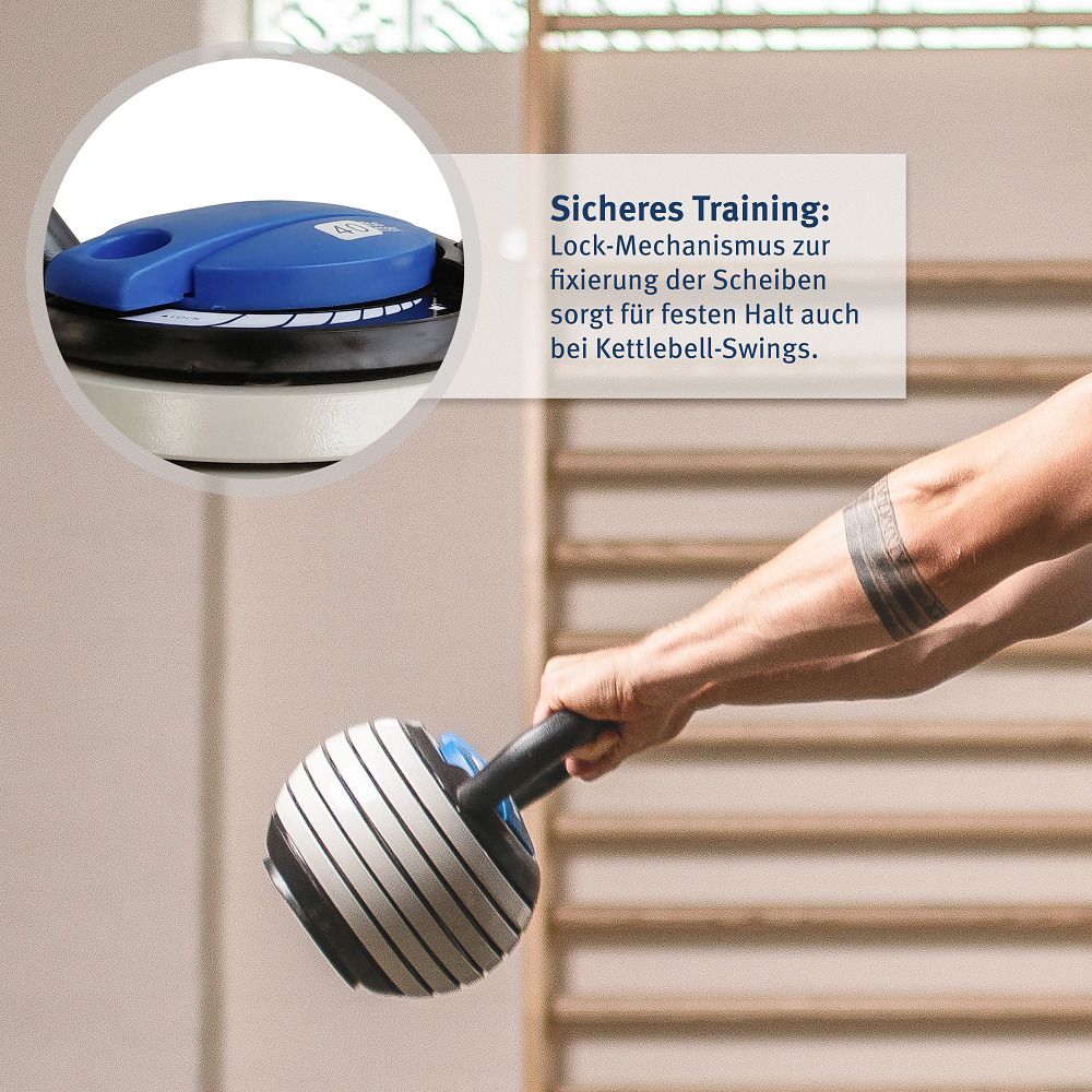 Kettlebell Vario, Detailansicht. Blaues Element und Scheiben. Text: Sicheres Training. Lock-Mechanismus.
