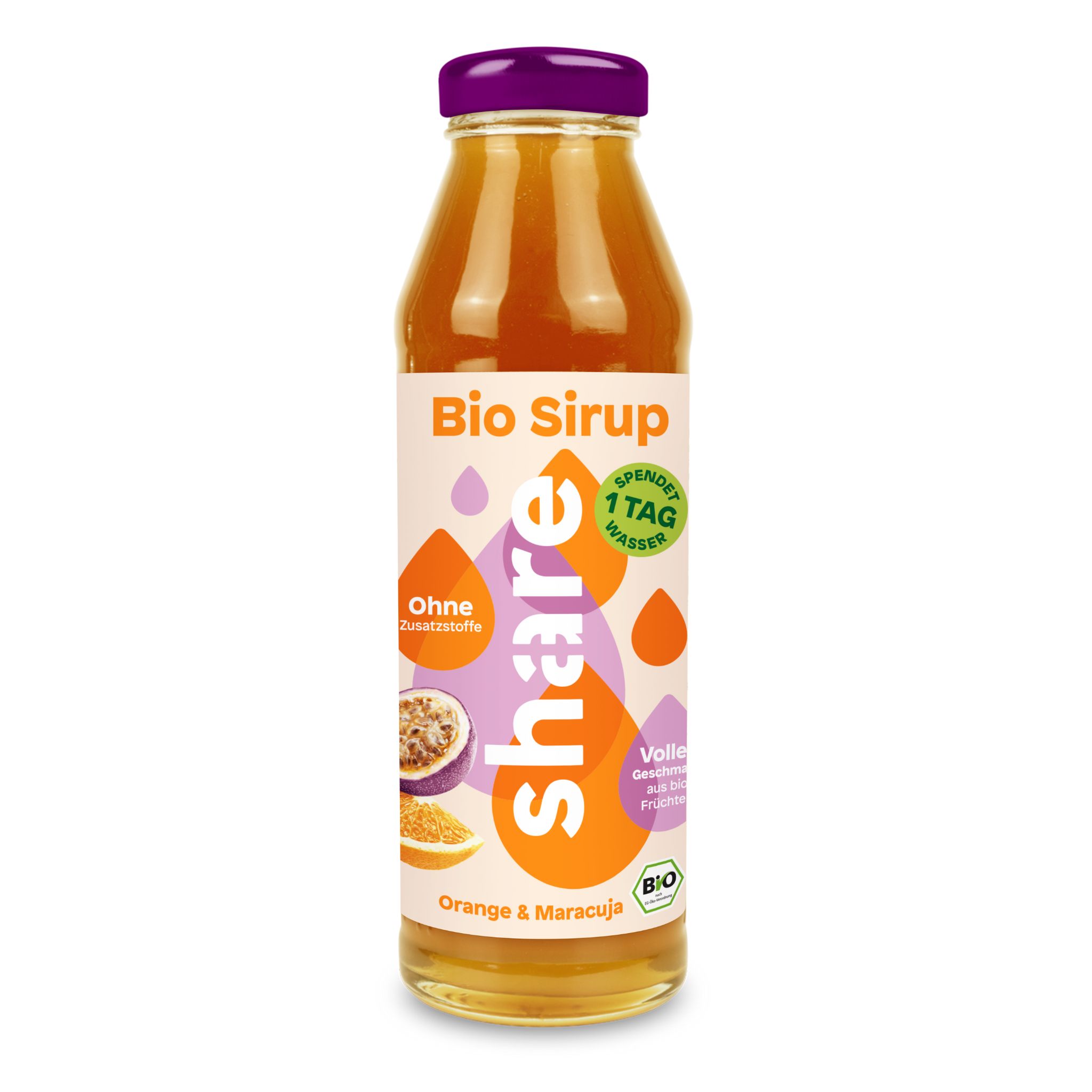 Glasflasche mit Bio Sirup Orange-Maracuja. Lila Deckel, Etikett mit Produktinformationen und Bio-Siegel.