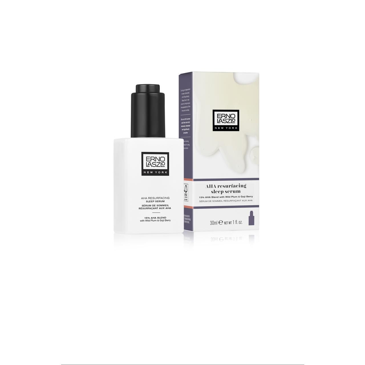 Erno Laszlo AHA Resurfacing Sleep Serum. Weiße Flasche mit schwarzem Deckel und Karton. Text: AHA Resurfacing Sleep Serum.