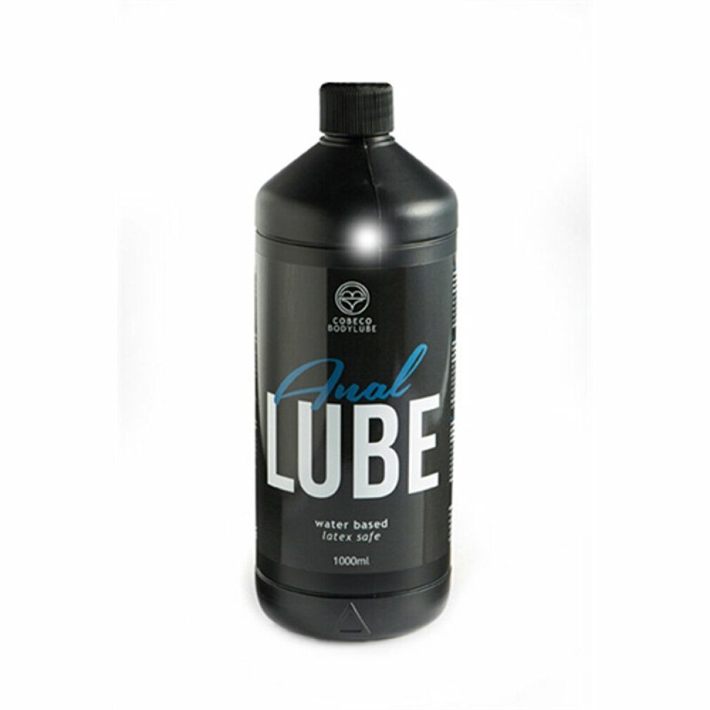 Schwarze Flasche mit Aufschrift "Anal LUBE". Wasserbasiert, latexfrei. Marke: Cobeco Bodylube. 1000ml.