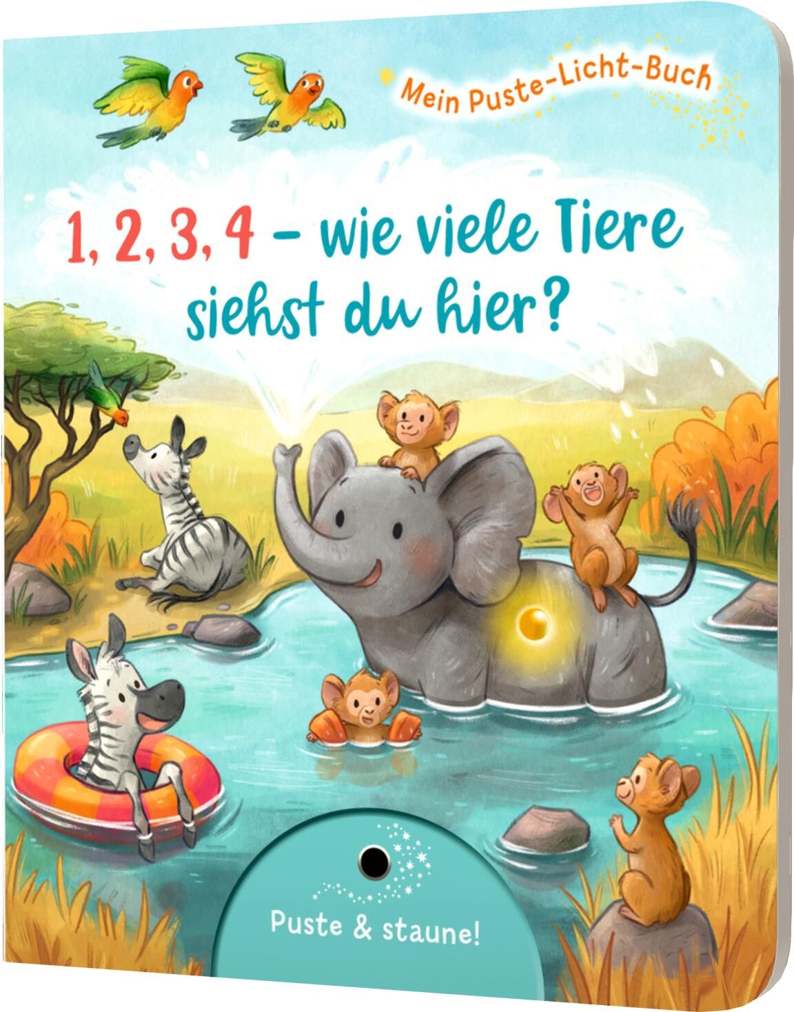 Buchcover mit Illustrationen von Tieren und Titel: 1,2,3,4 - wie viele Tiere siehst du hier? Mit Elefant, Löwen, Zebras.