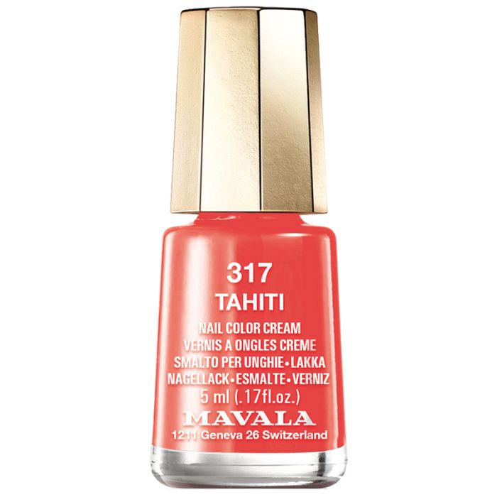 Nagellackflasche, rot. Goldfarbener Deckel. Aufschrift: 317 Tahiti, Nail Color Cream, 5 ml, Mavala.