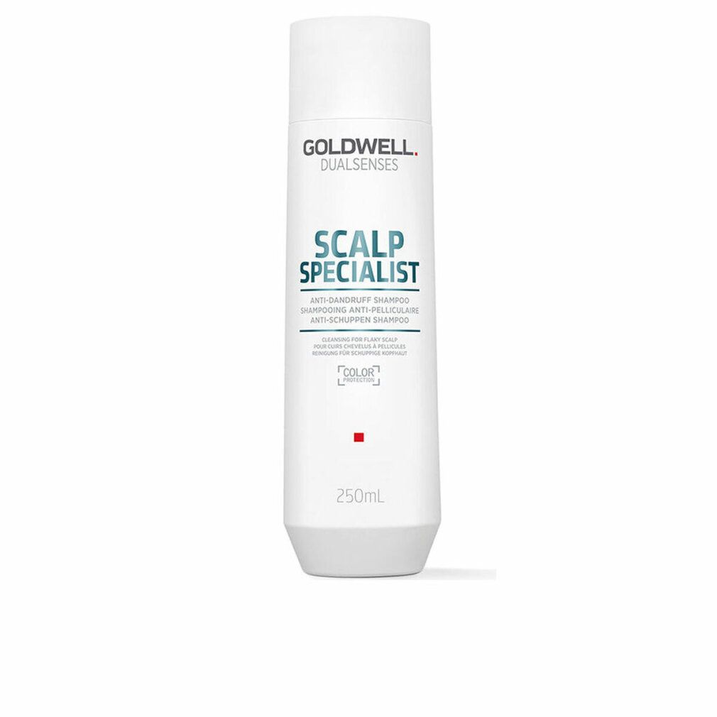 Weißes Shampoo mit Schriftzug SCALP SPECIALIST. Marke Goldwell. Flasche mit rotem Quadrat und 250ml.
