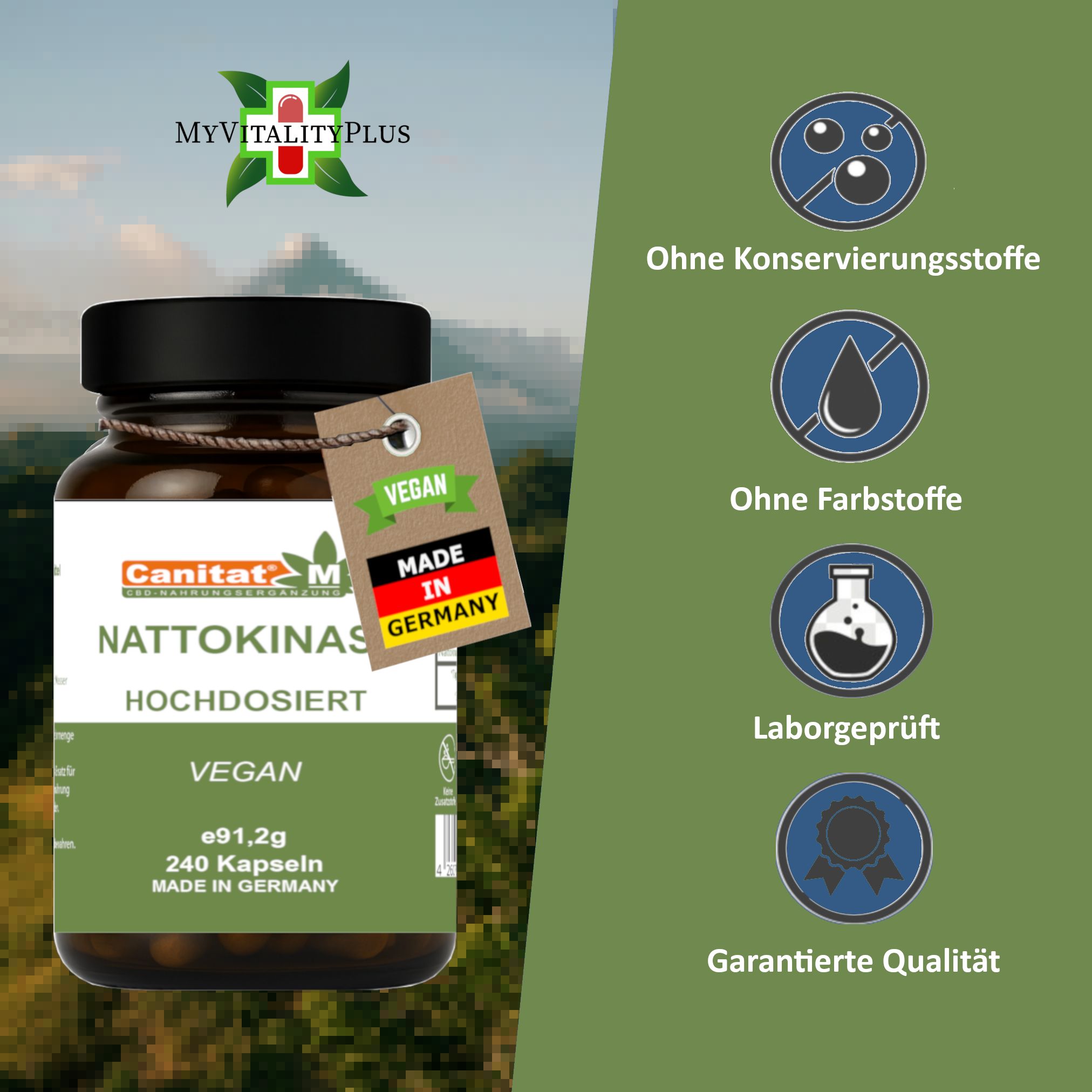 Braune Glasflasche mit schwarzen Deckel. Etikett mit Produktinformationen. Vegan-Siegel. Symbole: Ohne Konservierungsstoffe, Farbstoffe, Laborgeprüft.