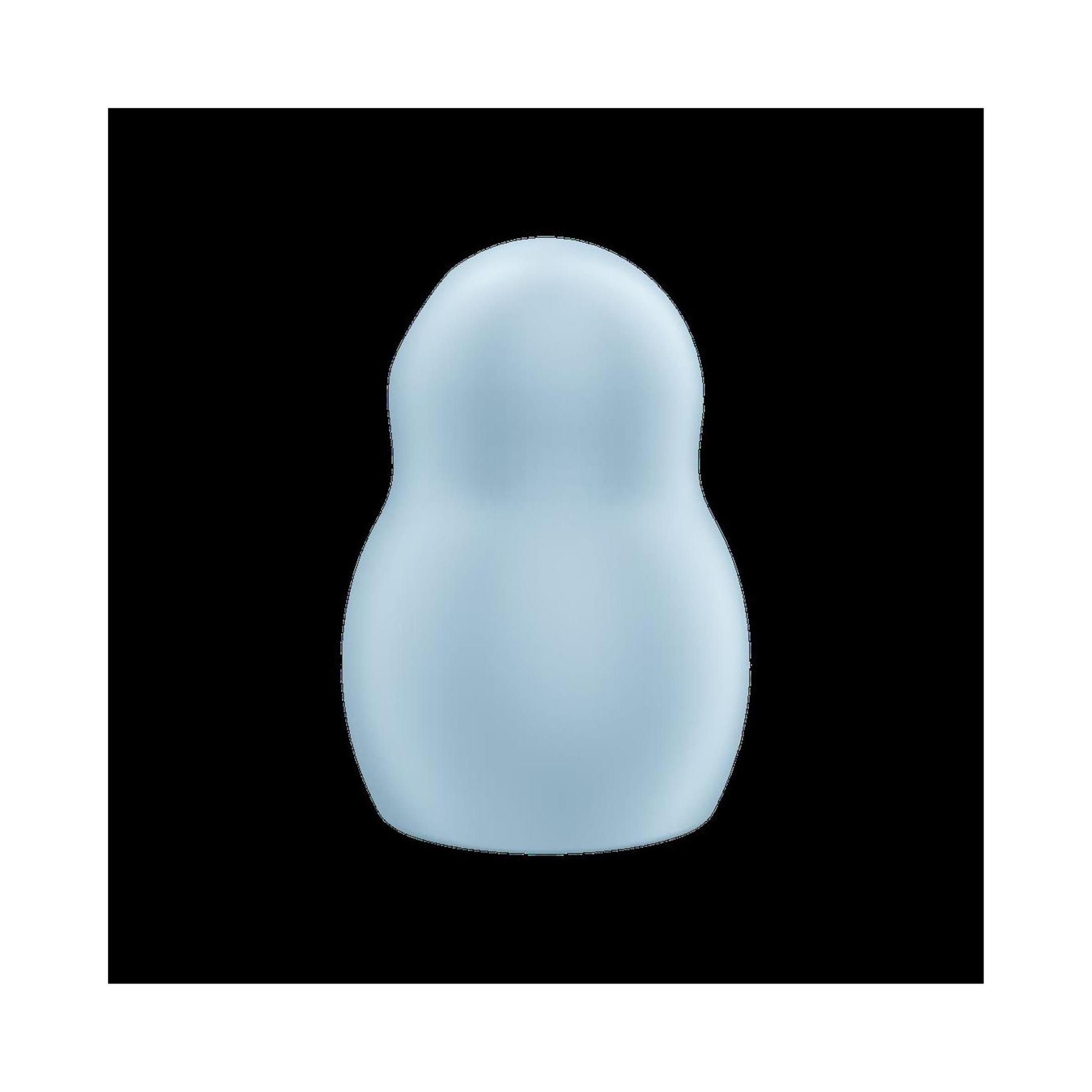 Hellblaues, eiförmiges Gerät. Die Form erinnert an eine Matrjoschka. Der Hintergrund ist schwarz.