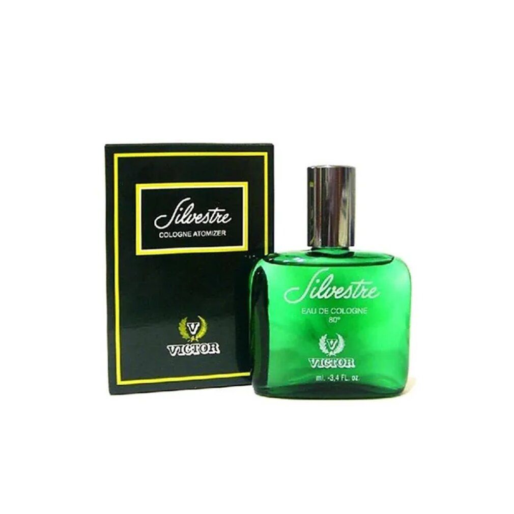 Grüne Glasflasche und Schachtel. Aufschrift Silvestre Eau de Cologne 80°. Schwarze Schachtel mit gelbem Rahmen und Logo.