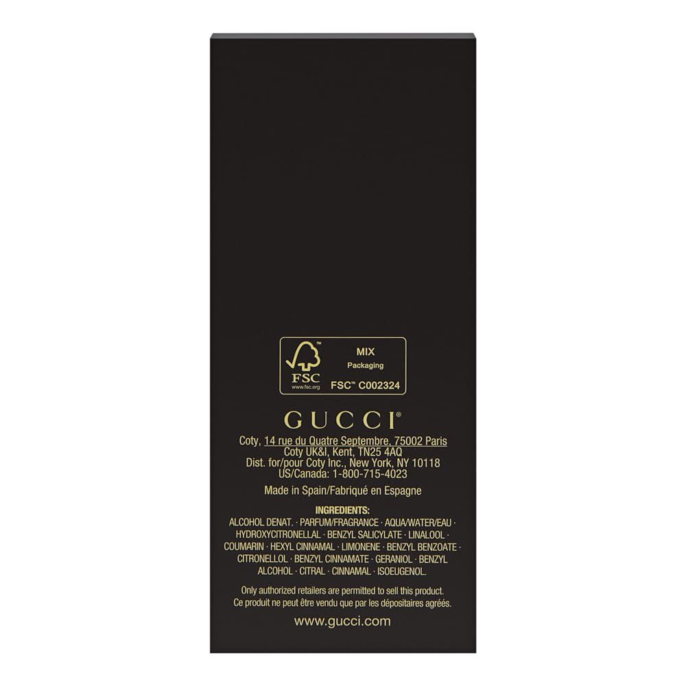 Schwarze Verpackung mit floralem Muster. Aufschrift: GUCCI. FSC-Logo. Inhaltsstoffe und Herstellerinformationen.