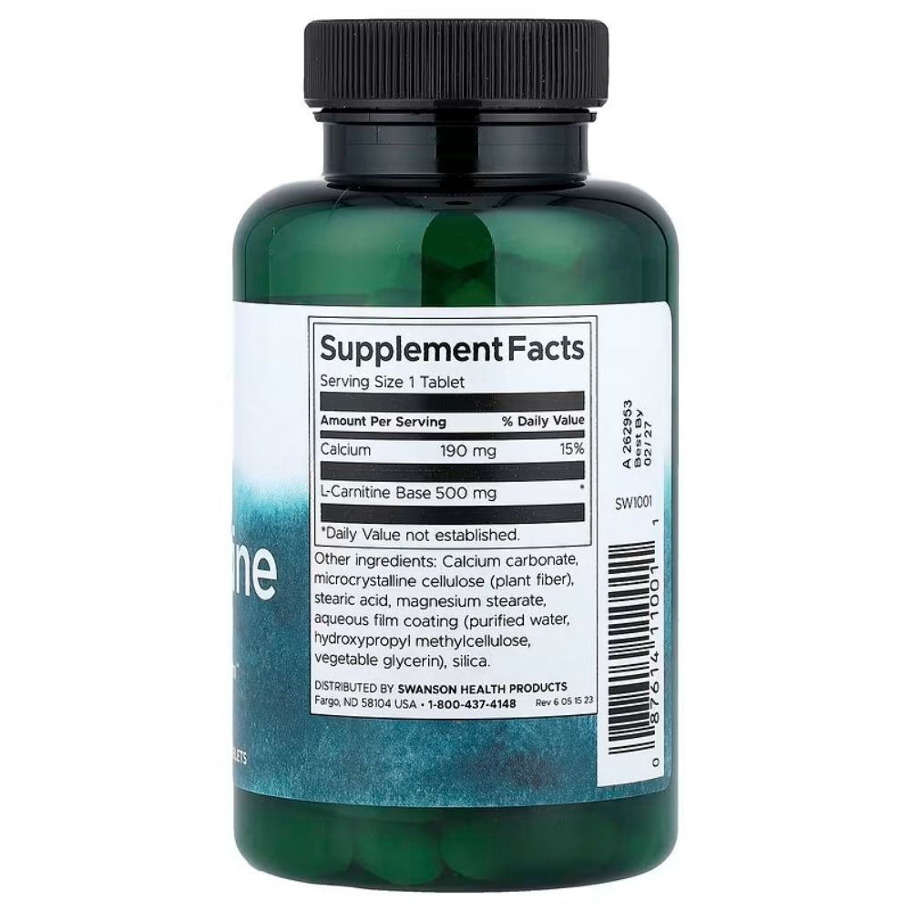 Rückseite einer Flasche L-Carnitin 500 mg von Swanson mit Nährwertangaben und Inhaltsstoffen.