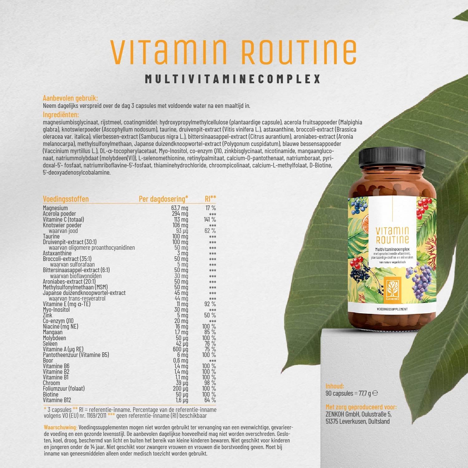 Braune Flasche mit Kapseln und Text. Text: Vitamin Routine Multivitamincomplex. Inhaltsstoffliste und Nährwerttabelle.