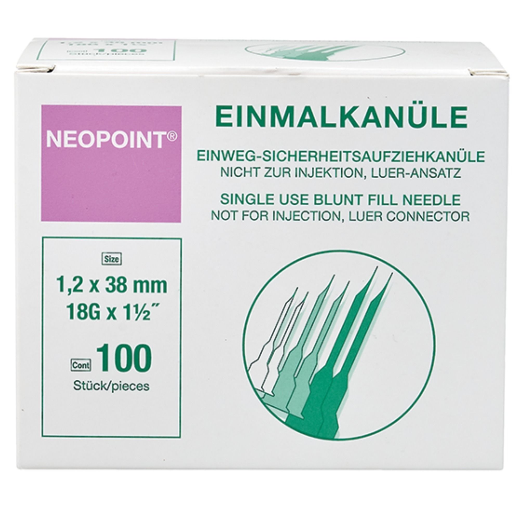 Neopoint Einweg-Sicherheitsaufziehkanüle 18G 1,2 x 38 mm ohne Filter