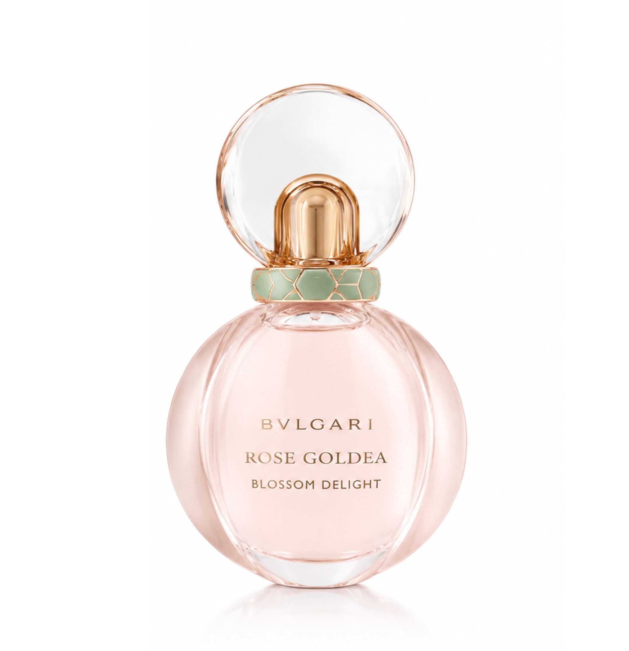 Rosa Flakon mit goldfarbenem Verschluss und durchsichtigem Deckel. Aufschrift: Bvlgari Rose Goldea Blossom Delight.