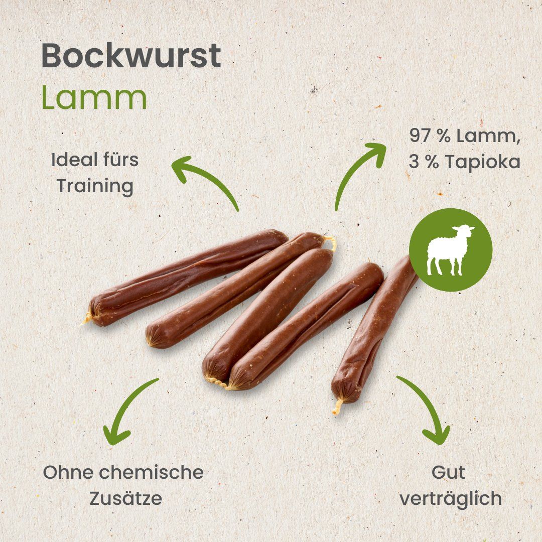 Hundefutter: Bockwurst Lamm, mit Pfeilen, die auf Vorteile und Inhaltsstoffe hinweisen.