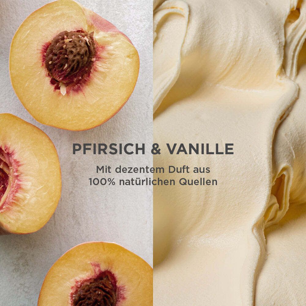 Hälfte Pfirsich, Hälfte Vanille-Eis. Text: Pfirsich & Vanille. Mit dezentem Duft aus 100% natürlichen Quellen.