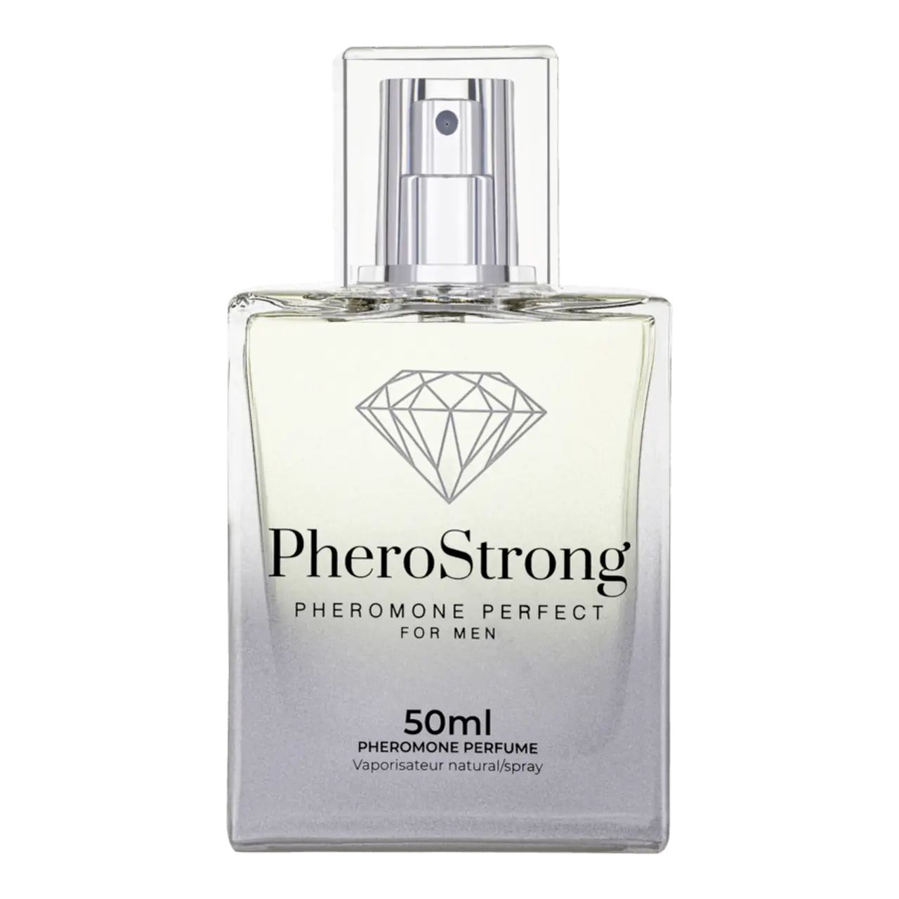 Parfümflasche mit Sprühkopf, silberfarbenem Boden und Logo. Aufschrift: PheroStrong, Pheromone Perfect for Men, 50ml.