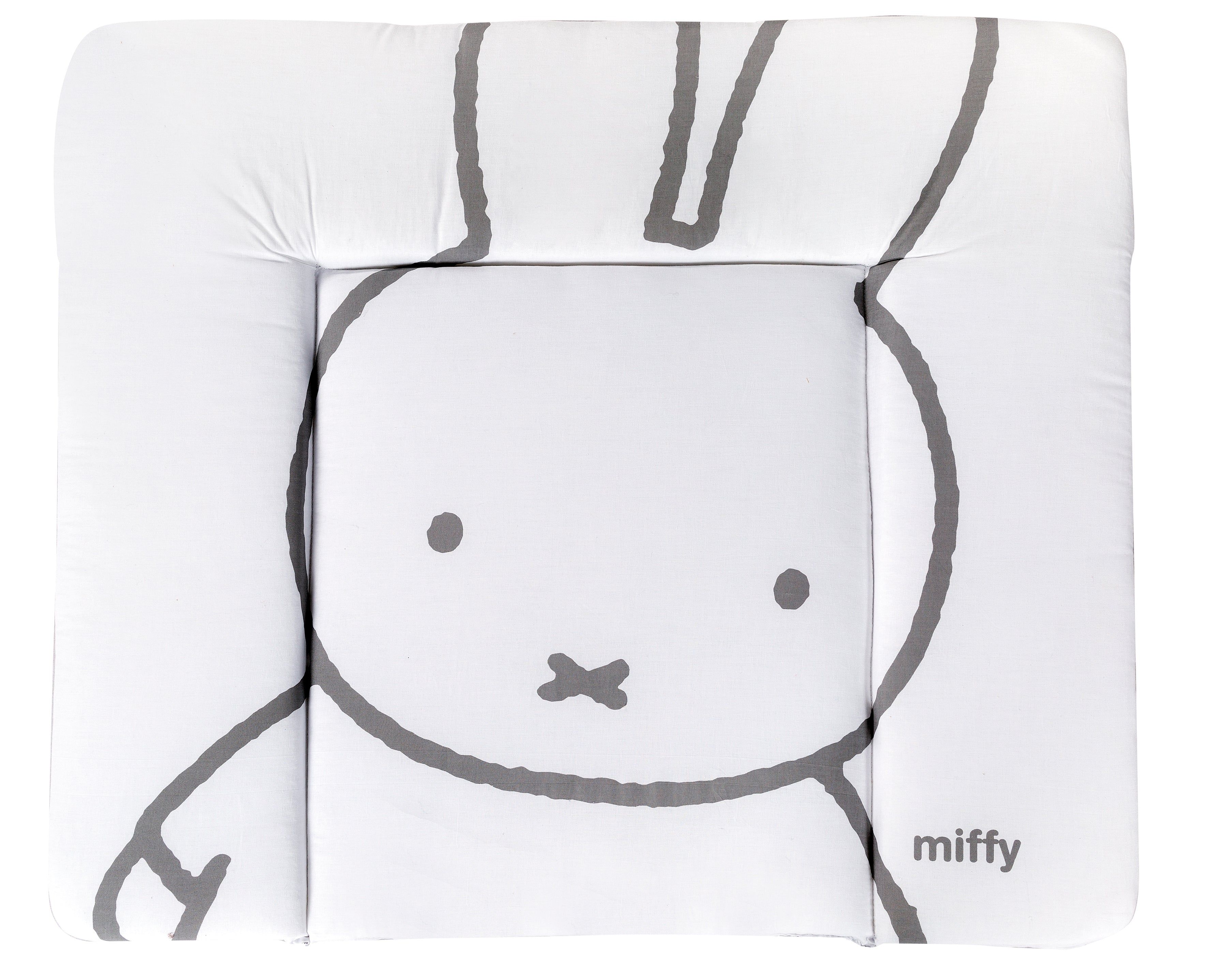 Weiße Wickelauflage mit grauem Miffy-Motiv. Quadratische Form, gepolstert. Miffy-Logo unten rechts.