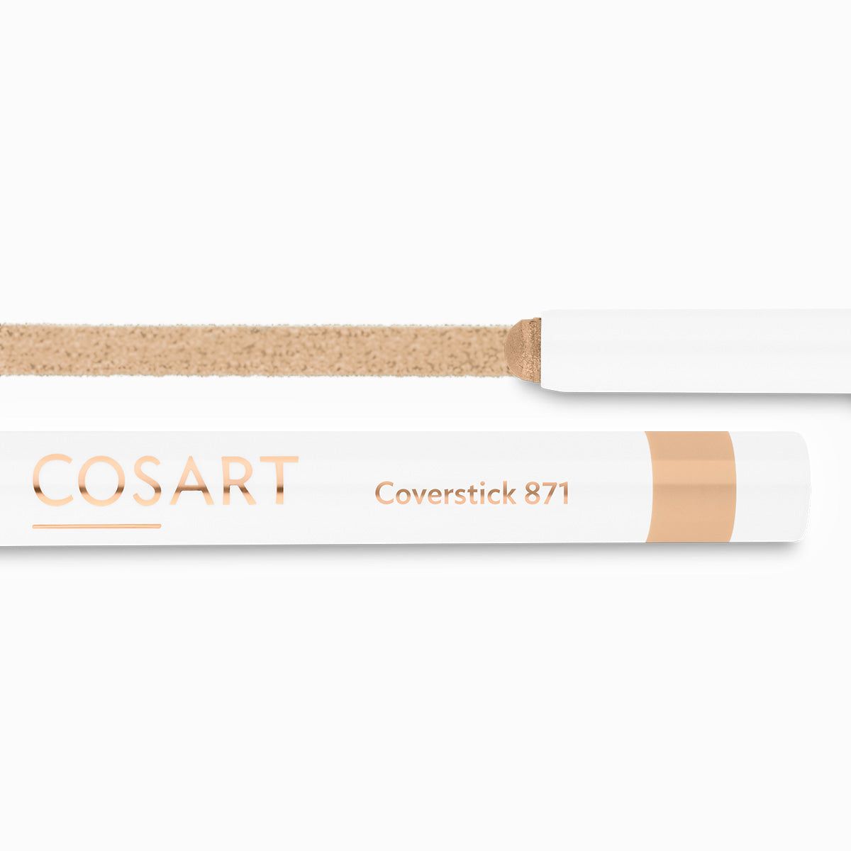 Weißer Stift mit beigefarbener Spitze und Aufschrift COSART Coverstick 871. Teilweise abgenutzt.