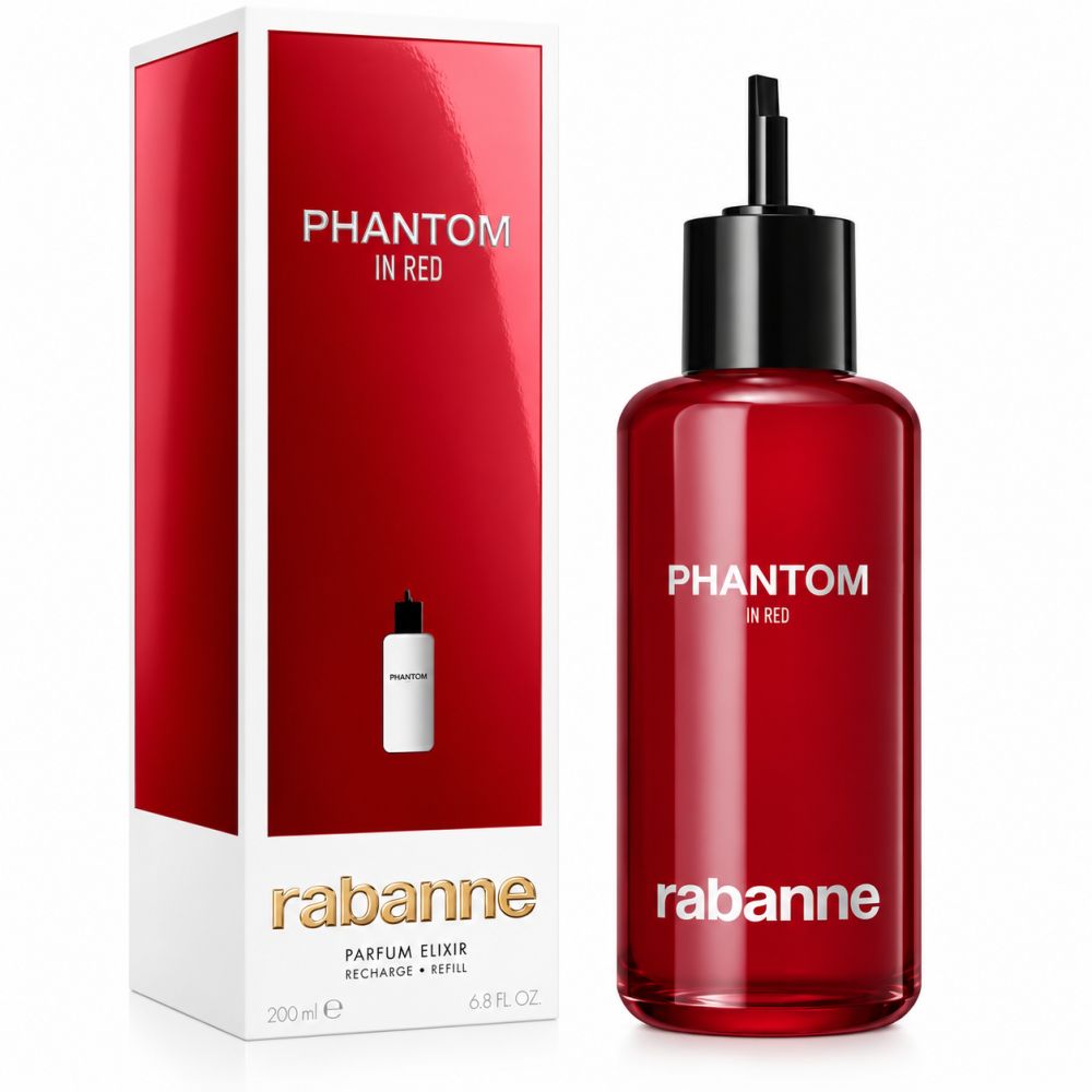 Rote Glasflasche mit schwarzem Verschluss und Aufsatz, daneben rote und weiße Verpackung mit Produktnamen und Markenlogo.