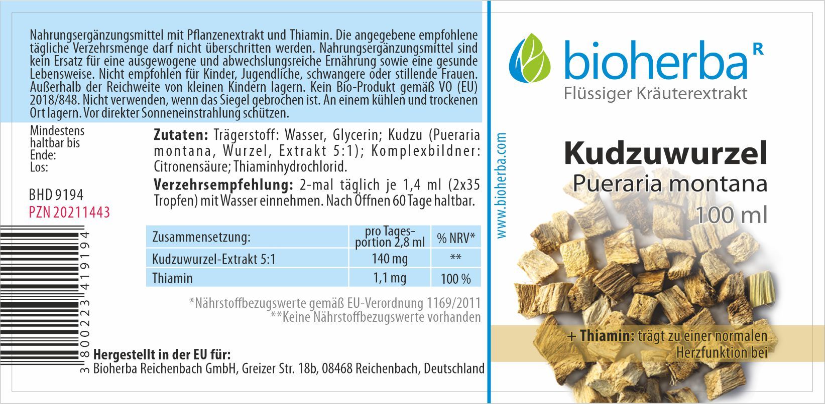 Etikett mit Produktinformationen. Bioherba Kudzuwurzel Tinktur. Zutaten, Nährwertangaben und Verzehrempfehlung. 100 ml Flasche.