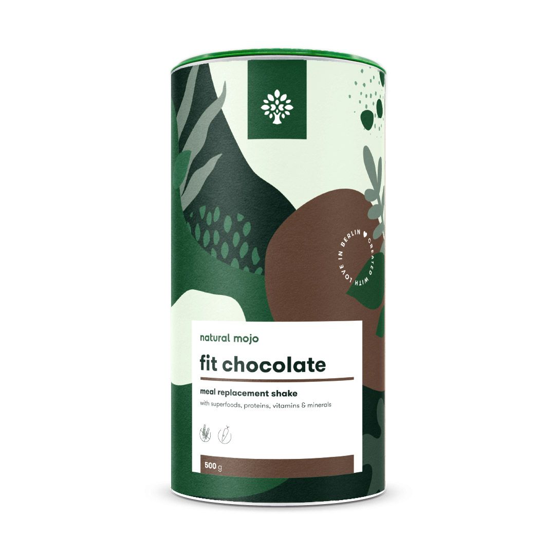 Zylinderförmige Dose mit "natural mojo fit chocolate" Aufschrift. Grün-braunes Design mit Blättern und Logo. Enthält 500g.