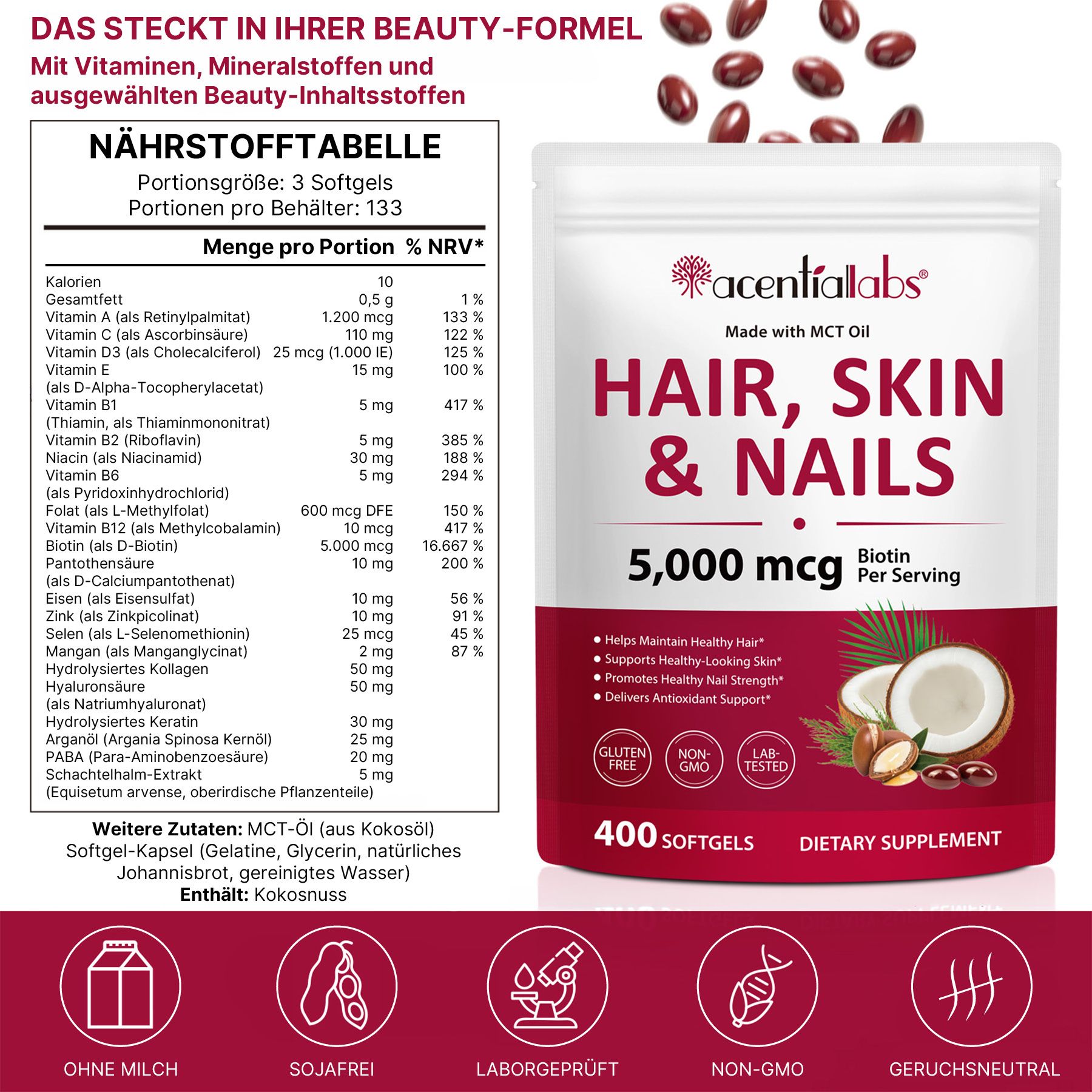 Flasche mit Haaren, Haut und Nägeln Nahrungsergänzungsmittel, 400 Softgels.