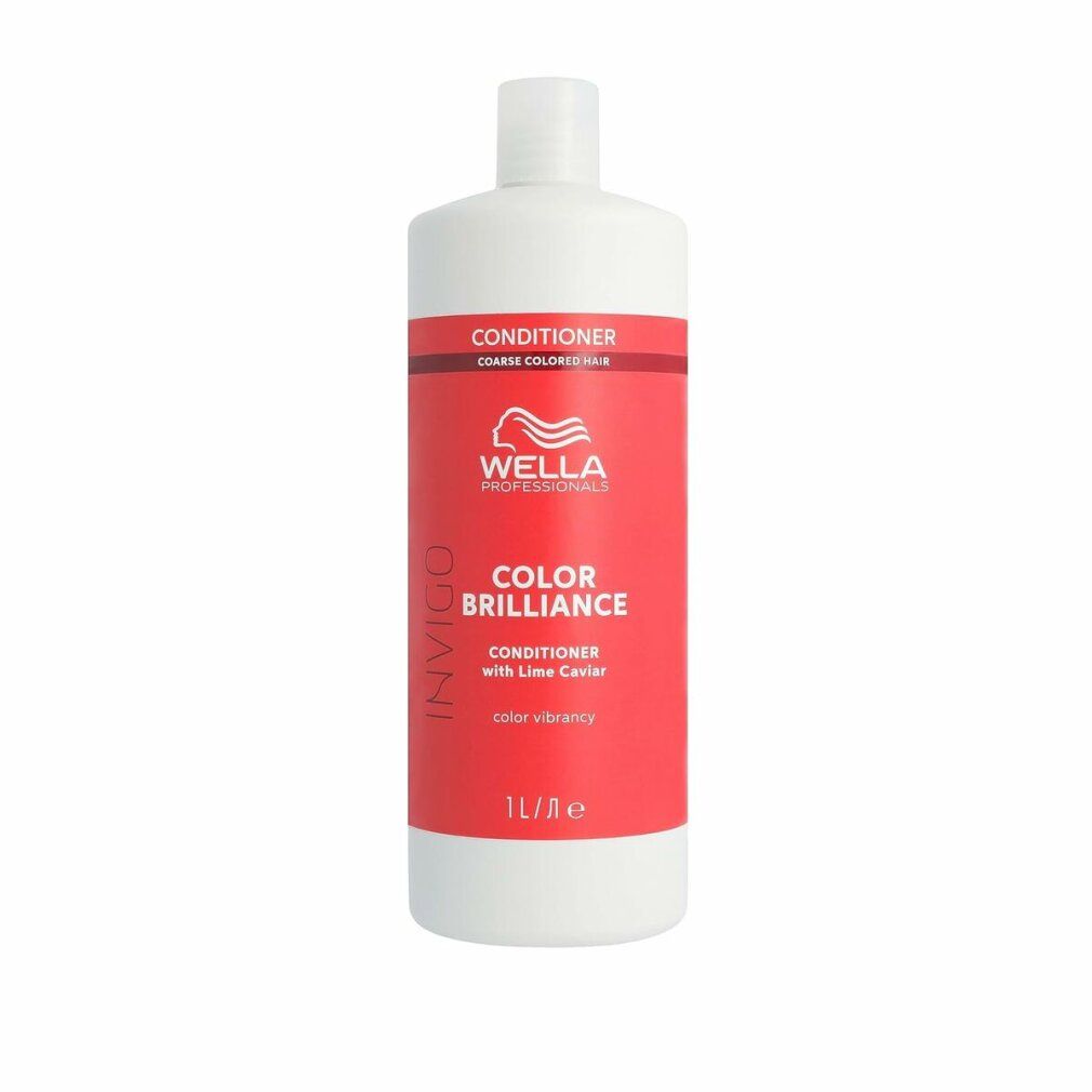 Flasche Wella Invigo Color Brilliance Conditioner. Weißer Behälter mit rotem Etikett. Text: Conditioner, Color Brilliance, 1L.