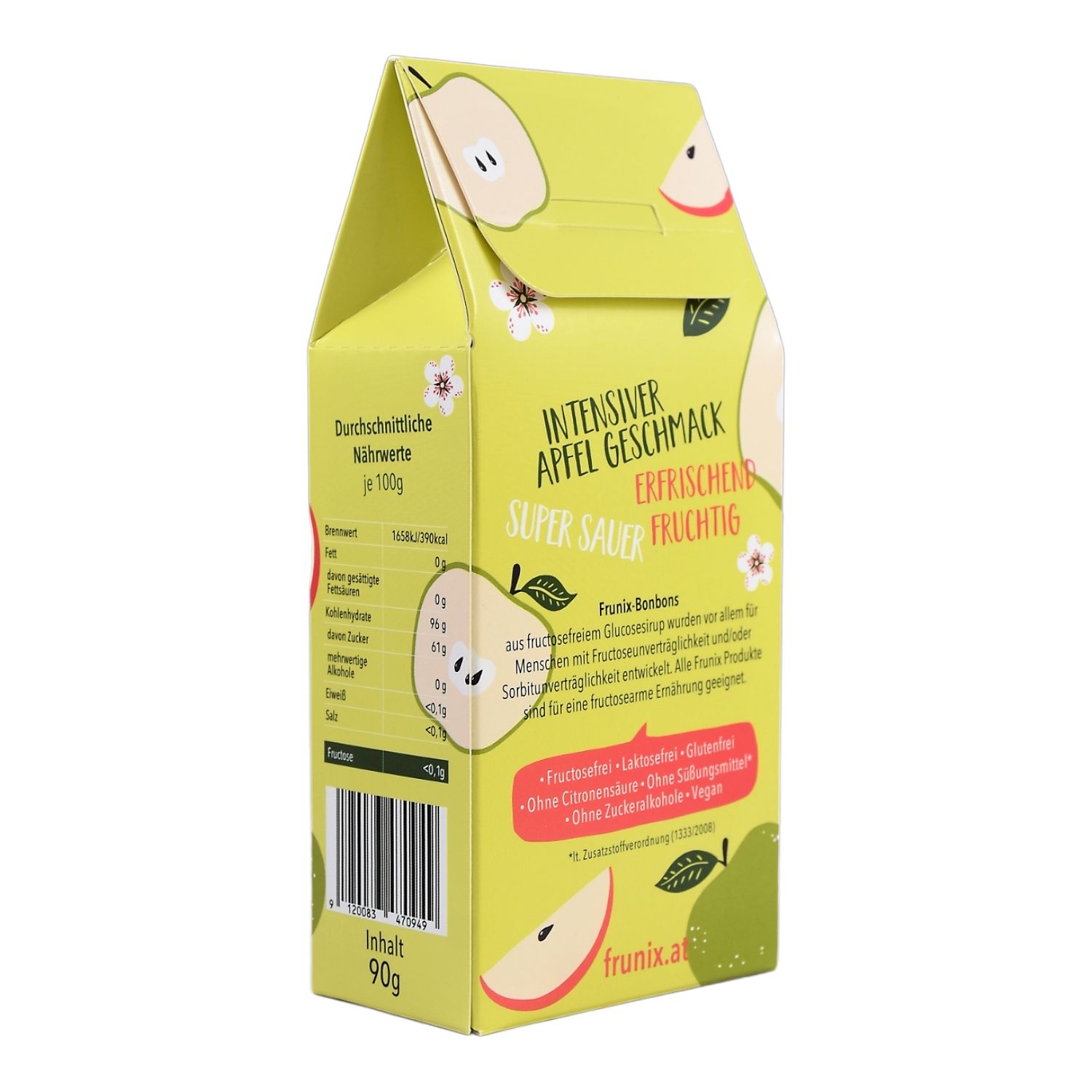 Rückseite der Frunix Bonbons Verpackung. Grün-gelbe Schachtel mit Apfel-Illustrationen und Text. Enthält Informationen über das Produkt.