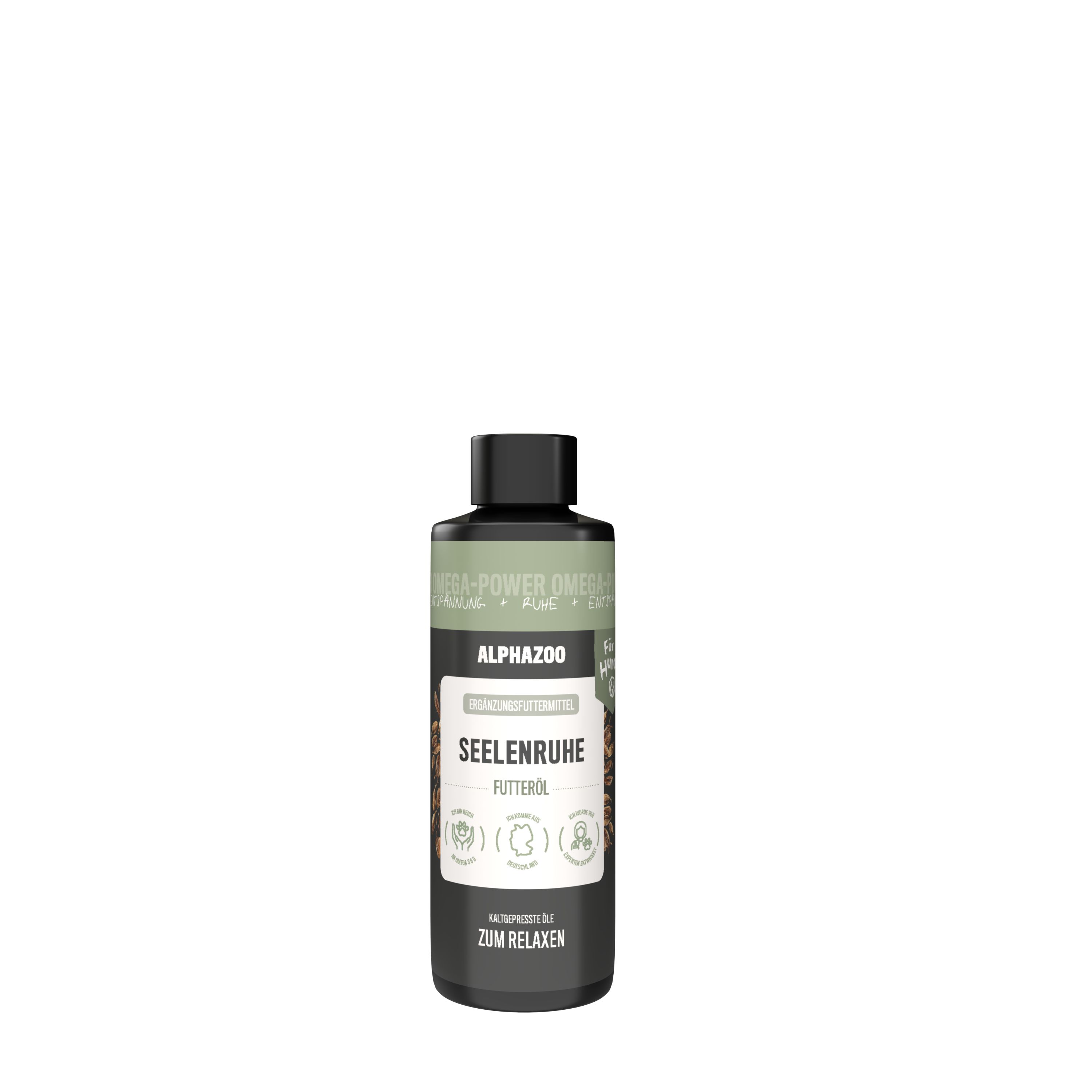 Schwarze Flasche mit Etikett. Text: alphazoo, Seelenruhe Futteröl, zum Relaxen.