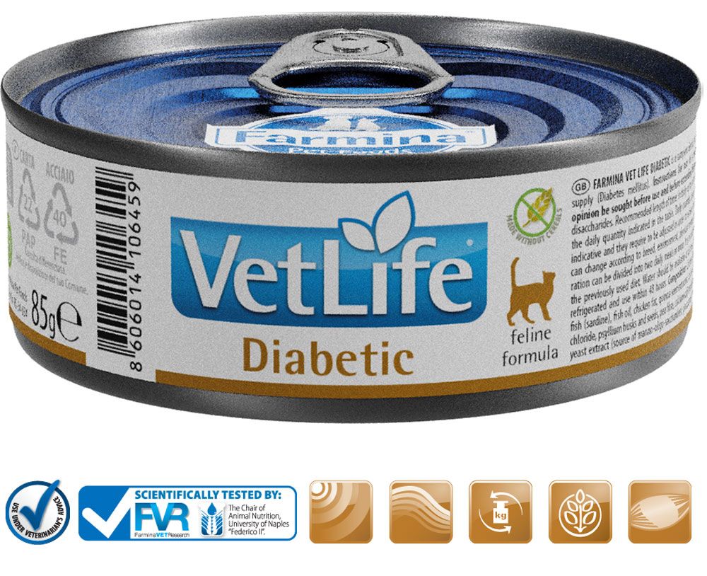 Dose "Vet Life Diabetic" mit blauem Deckel, silbernem Rand. Etikett mit Logo, Text und Katze. 85g. Zertifizierungen.