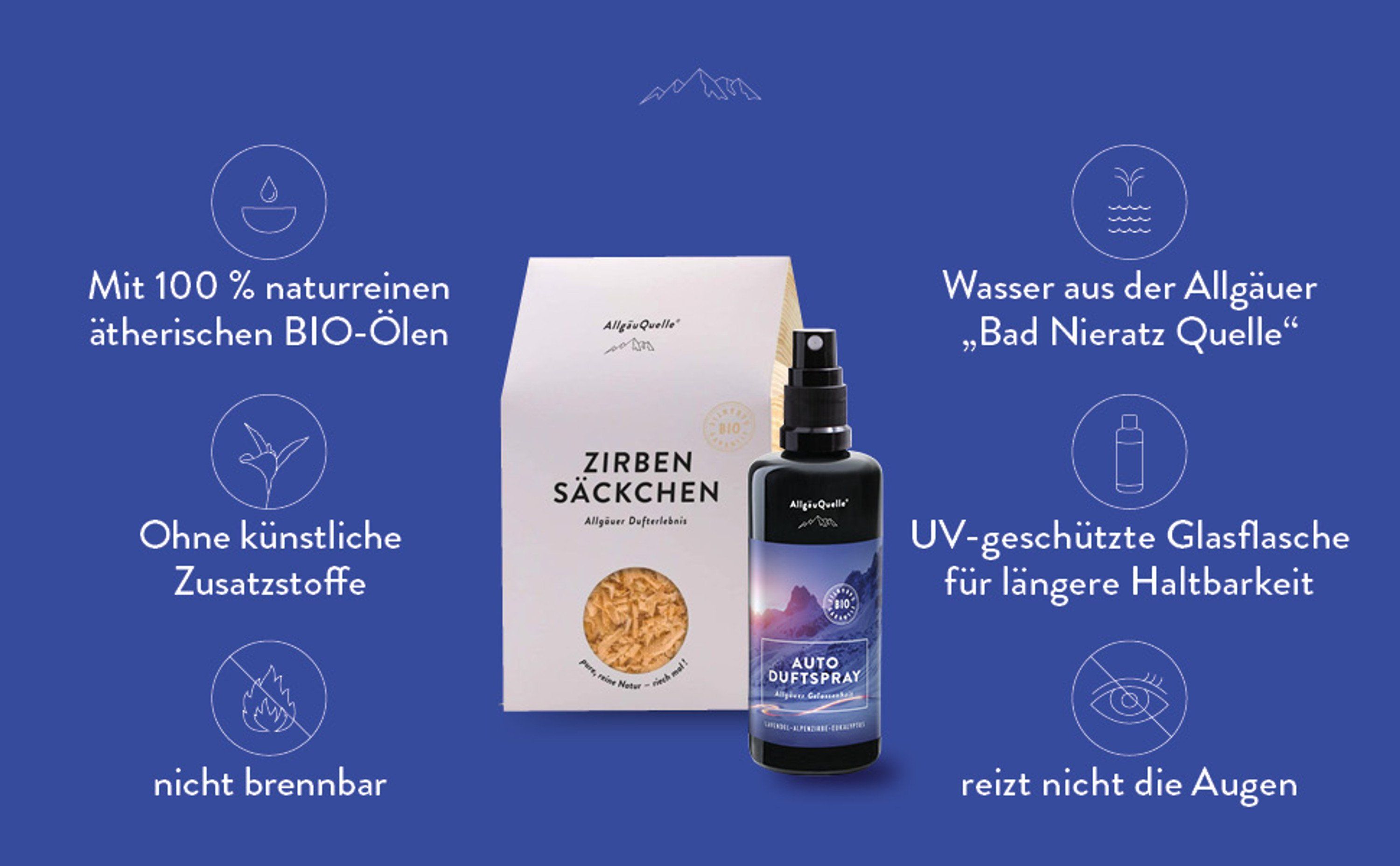 AllgäuQuelle Bio Autoduft-Set Lufterfrischer Lavendel mit Zirben-Säckchen  als natürlichem Duftbaum 100 ml - SHOP APOTHEKE