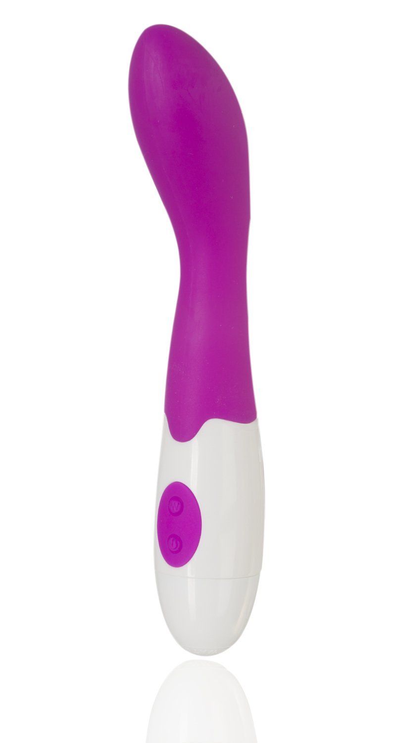 Lila-weißer Vibrator. Ergonomische Form. Zwei Knöpfe. Silikon. Glatte Oberfläche.