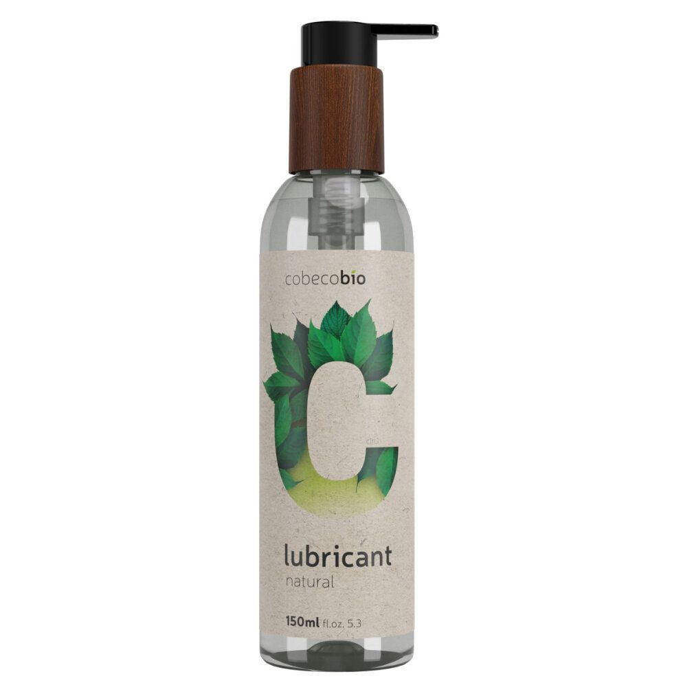 Cobeco Bio Gleitmittel Flasche mit Pumpspender und Holzoptik-Akzenten. Natürliches Gleitmittel.