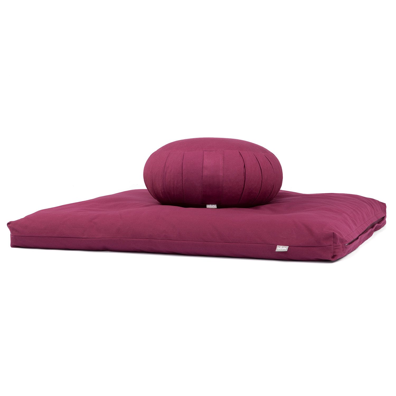 Meditations-Set ZAFU ECO, aubergine. Quadratische Matte mit rundem Kissen. Stoffoberfläche, auberginefarben.