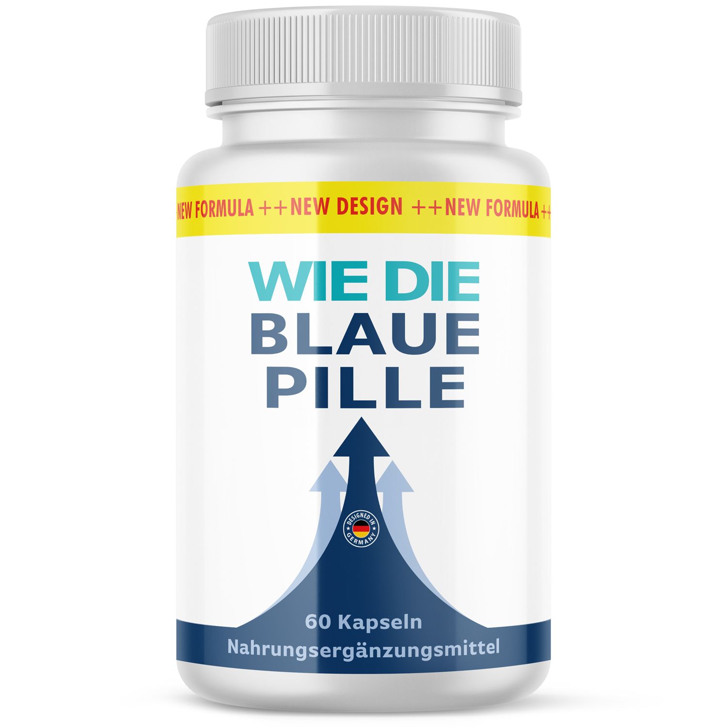 Weiße Flasche mit gelbem Etikett. Aufschrift: Wie die blaue Pille. 60 Kapseln. Nahrungsergänzungsmittel.
