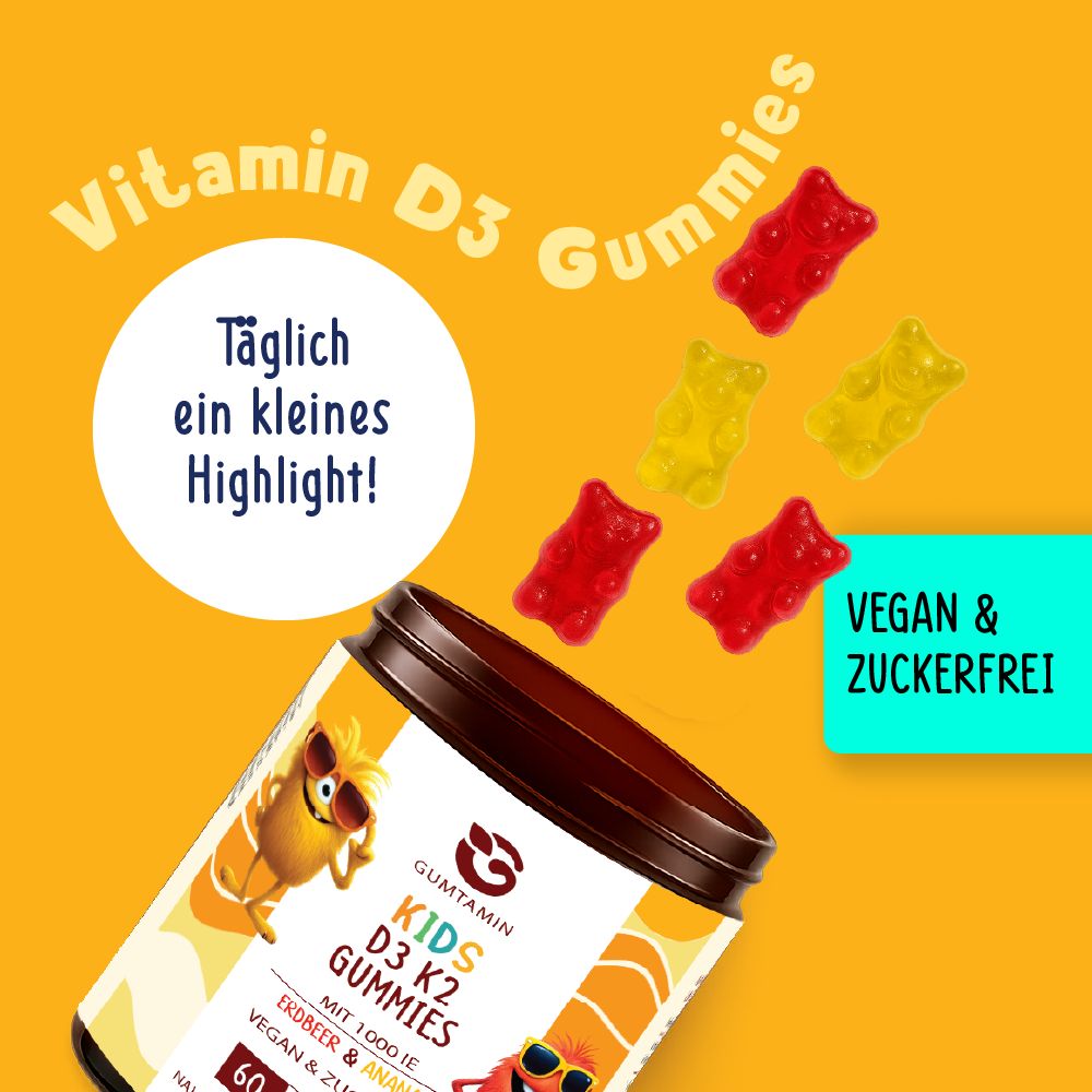 Dose Gumtamin Kids D3 K2 Gummies. Gummibärchen fliegen aus der Dose. Text: Vegan & zuckerfrei. Erdbeer & Ananas Geschmack.